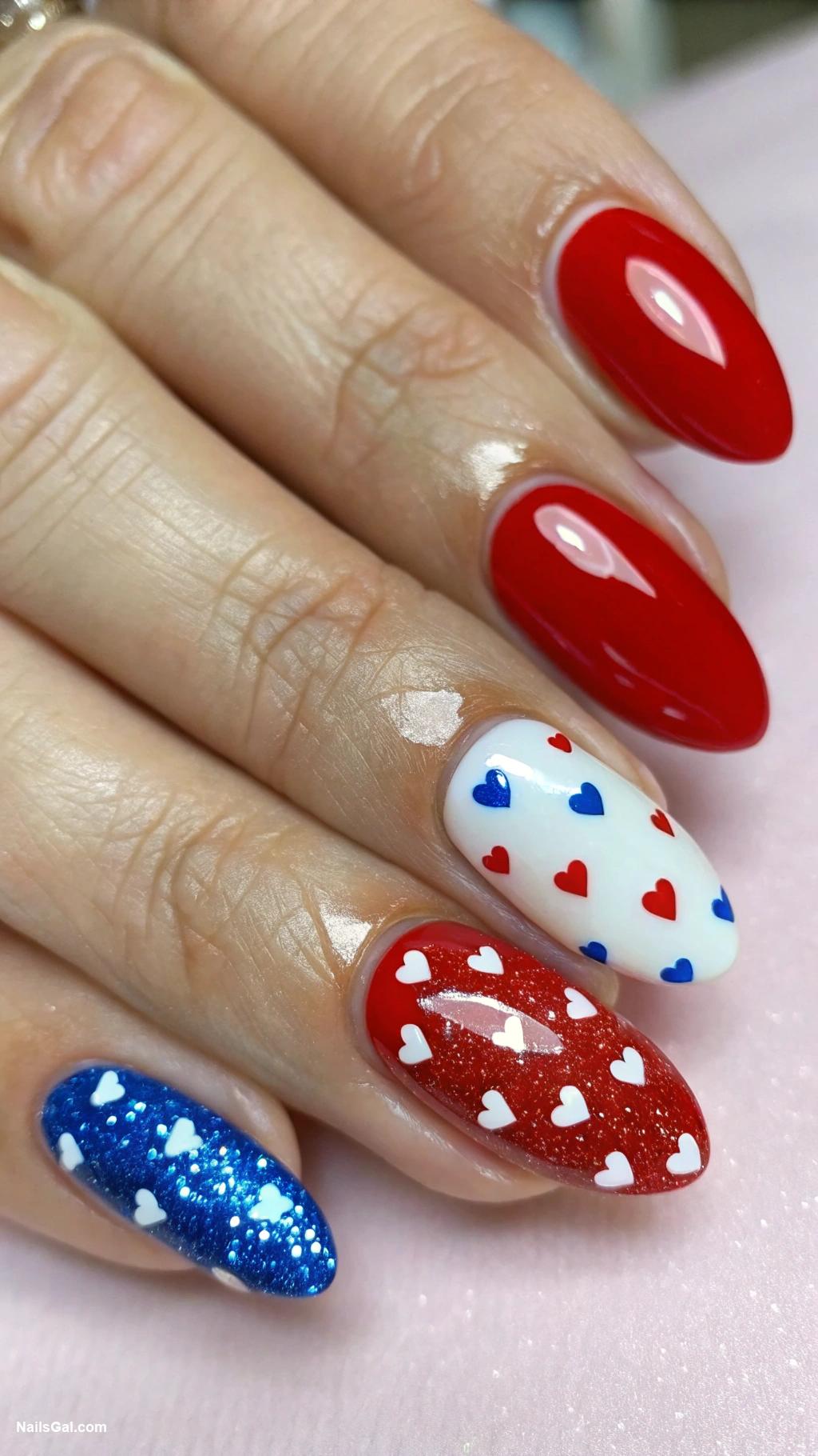 patriotic nails Red nails with white hearts and blue sparkles for a playful twist