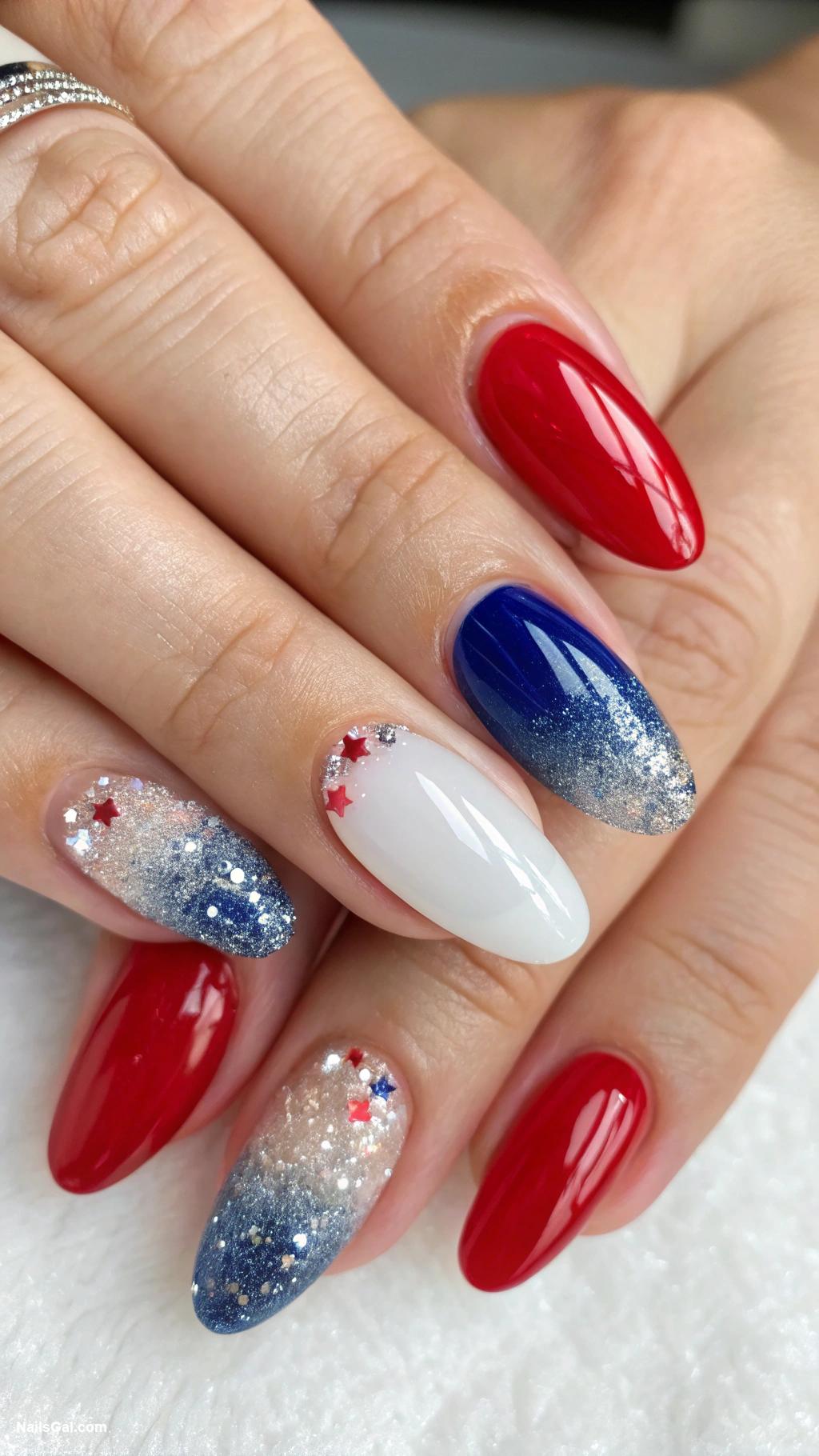 patriotic nails Red white and blue ombre nails with glitter tips