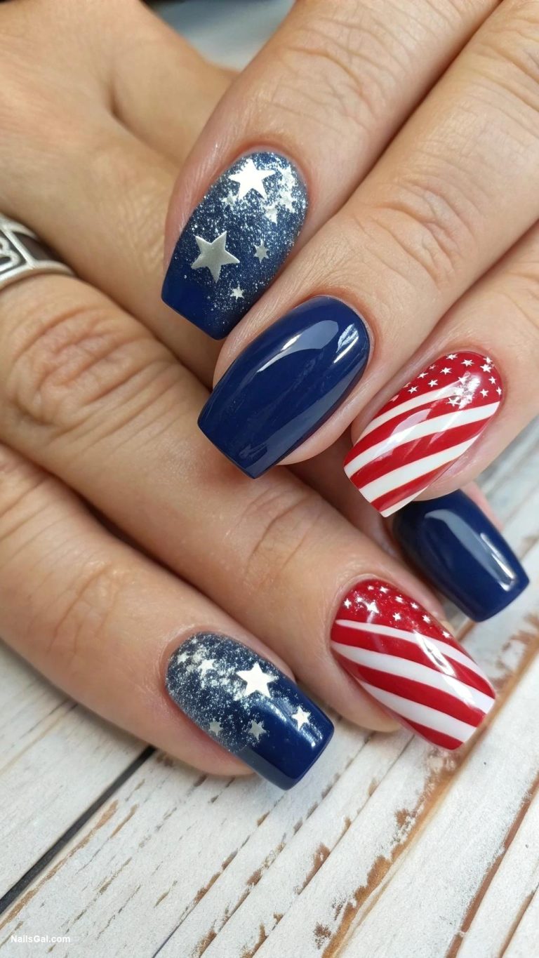 patriotic nails Stars and stripes nail art featuring flag designs on accent nails