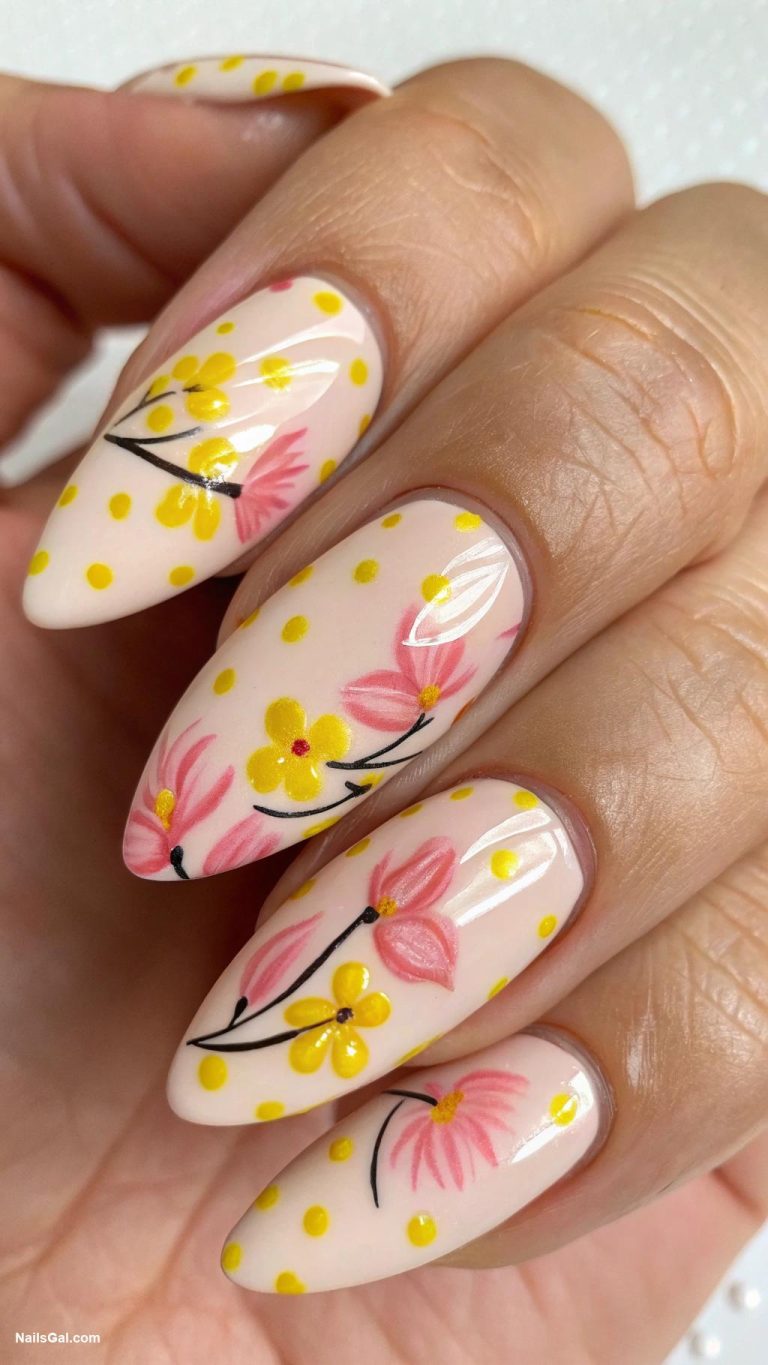 pink and yellow summer nails Floral Nail Art with Pink Petals and Yellow Accents