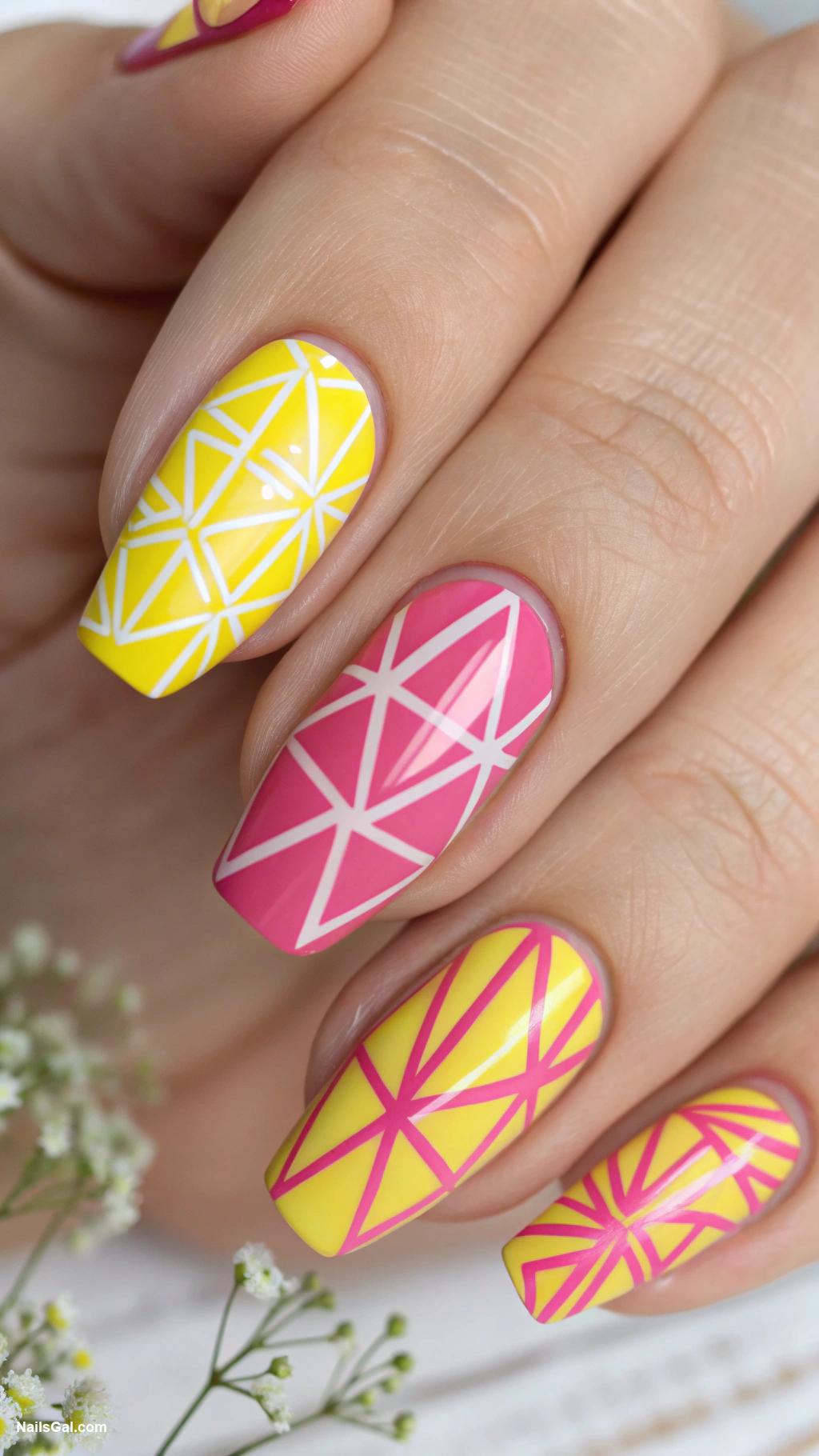 pink and yellow summer nails Geometric Patterns in Pink and Yellow with a Matte Finish