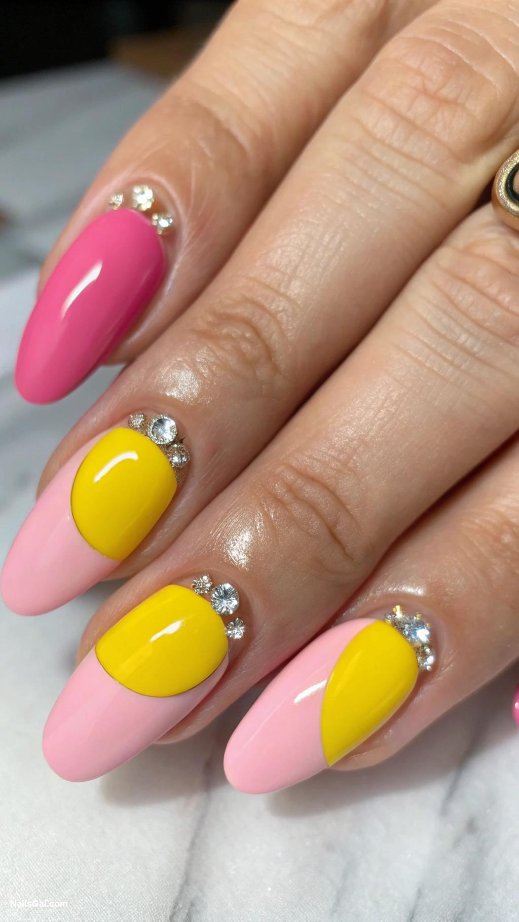 pink and yellow summer nails Half Moon Design in Pink and Yellow with Sparkling Rhinestones