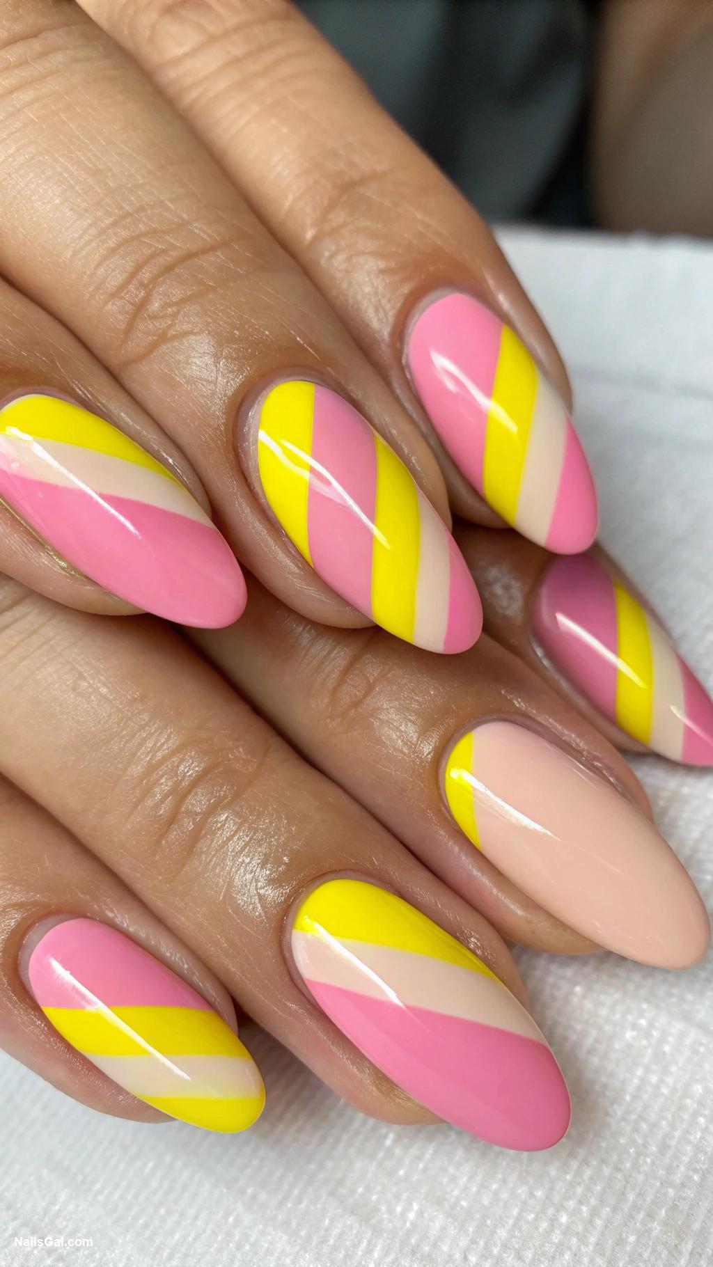 pink and yellow summer nails Negative Space Nails with Pink and Yellow Stripes