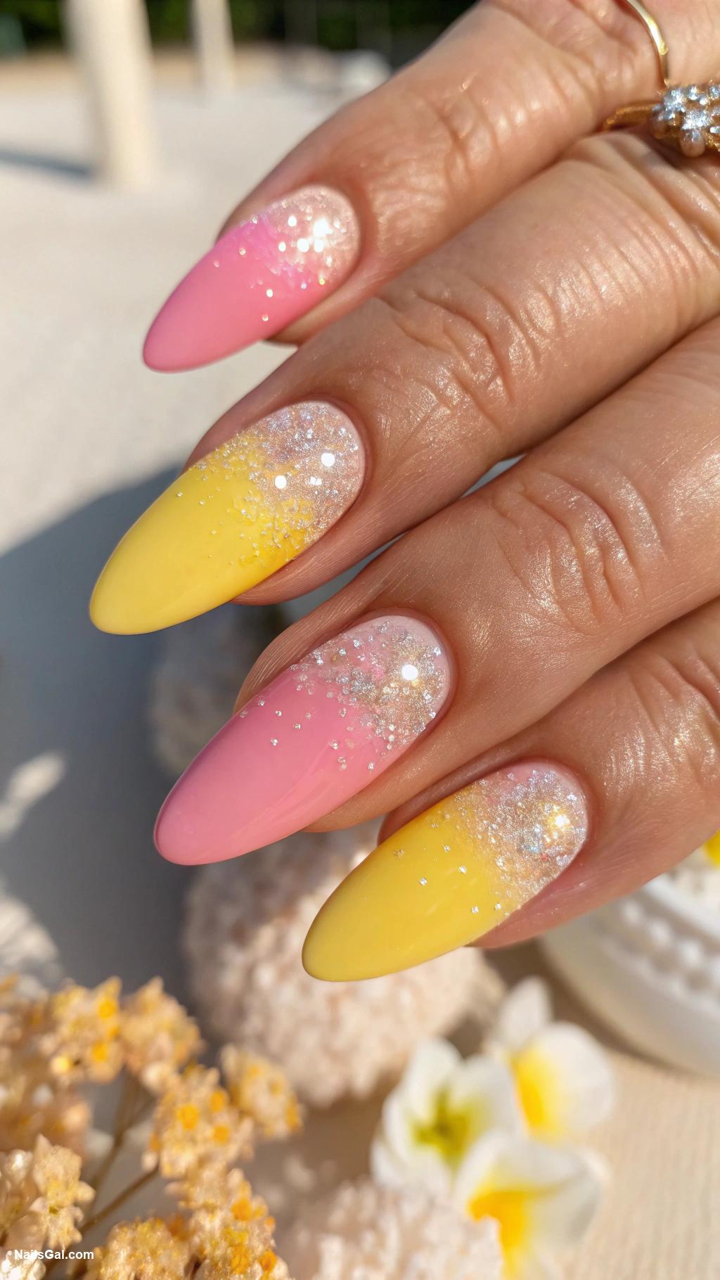 pink and yellow summer nails Ombre Pink to Yellow Nails with Glitter Tips