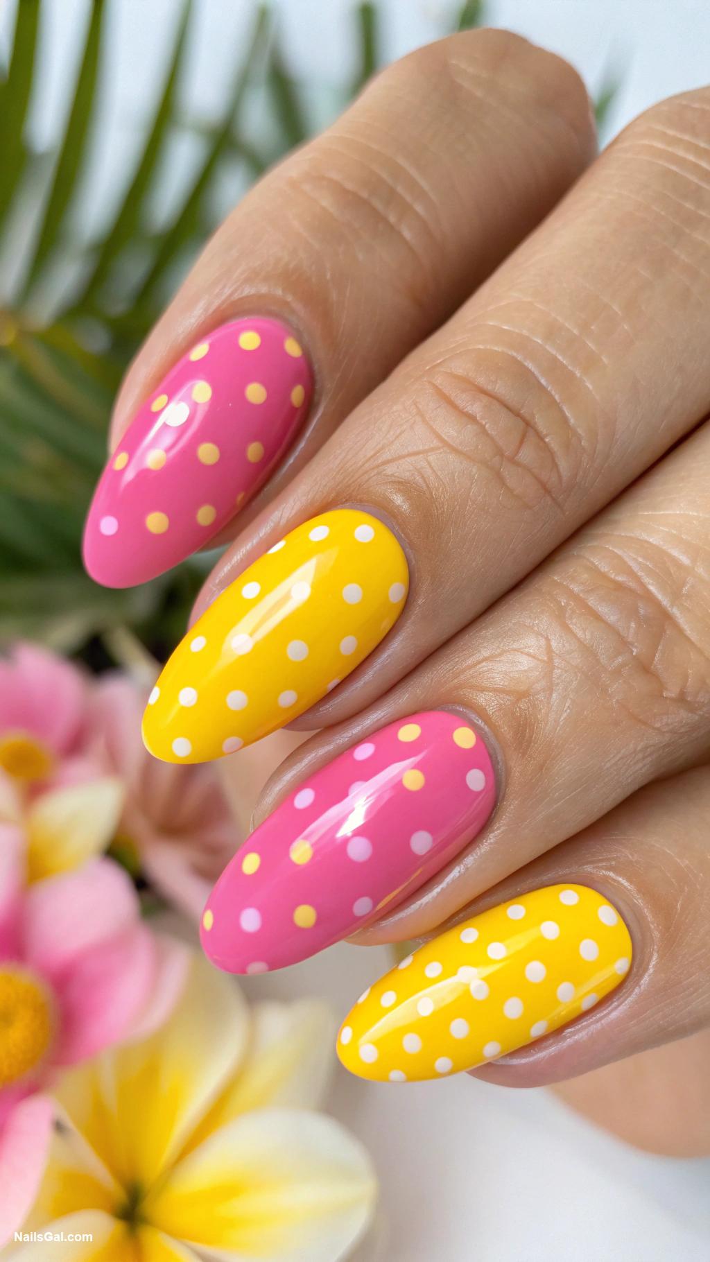 pink and yellow summer nails Polka Dots in Contrasting Pink and Yellow Colors