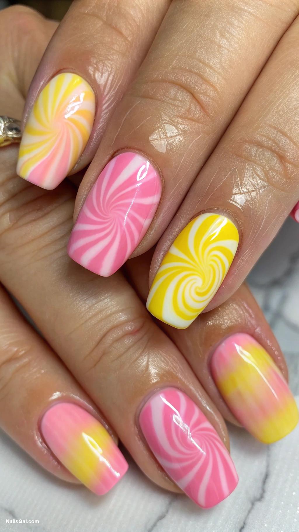 pink and yellow summer nails Swirled Pink and Yellow Tie Dye Effect