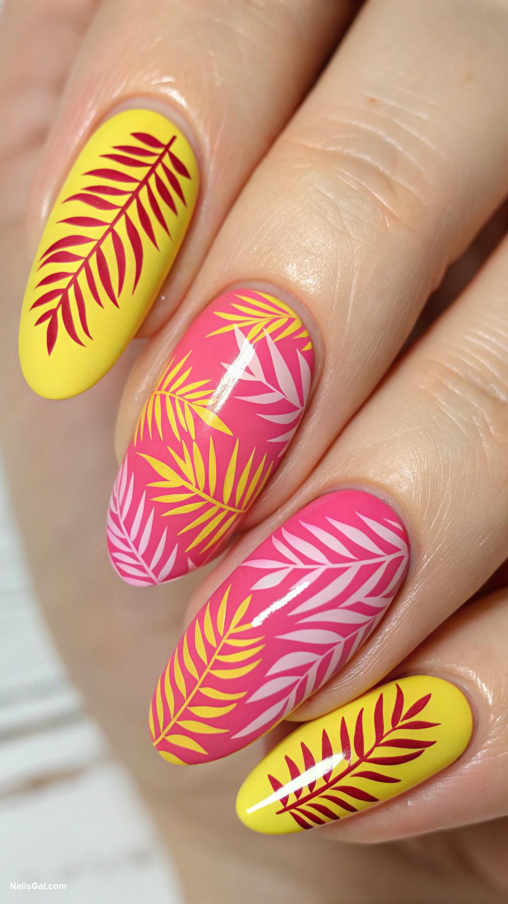 pink and yellow summer nails Tropical Leaves in Pink and Yellow on a Light Beige Background
