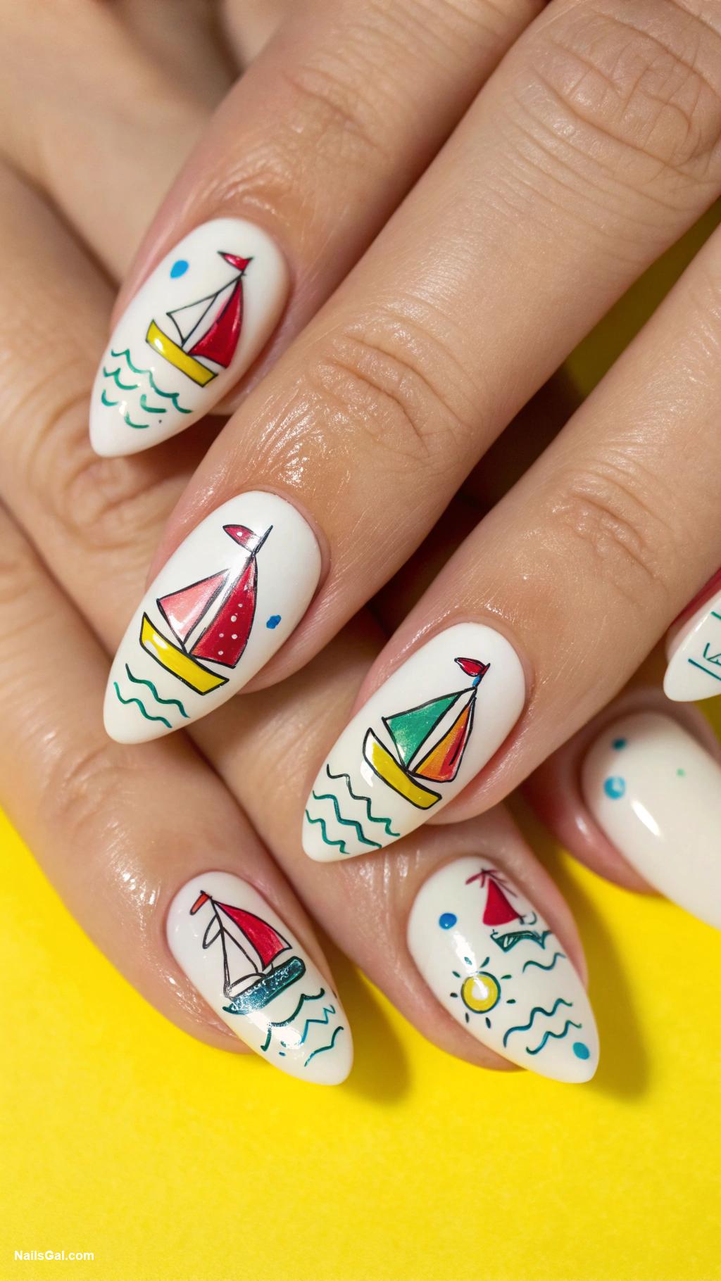 sailboat nails Bright Yellow Background with Colorful Sailboat Doodles