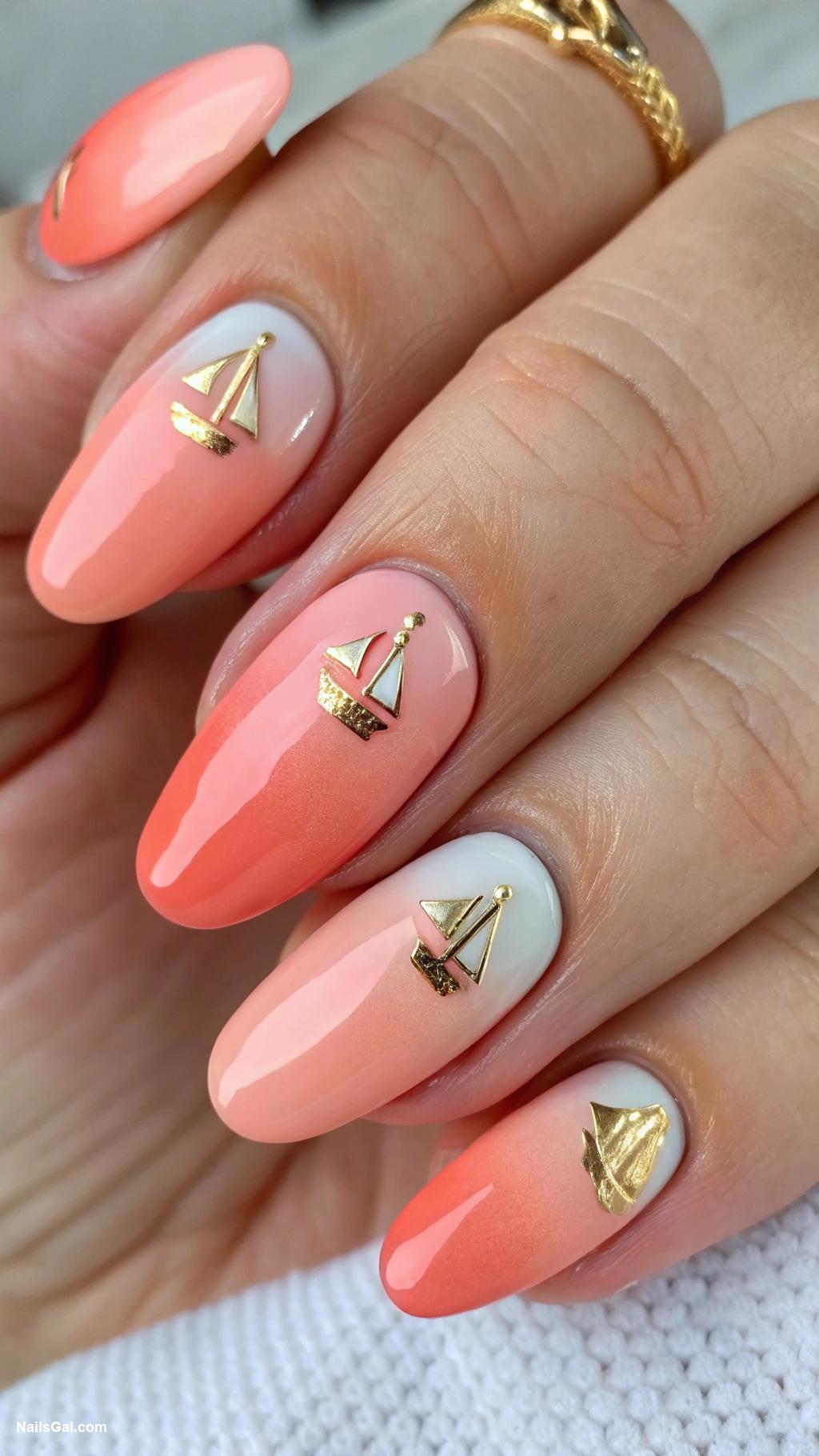 sailboat nails Coral Ombre with Gold Foil Sailboat Designs