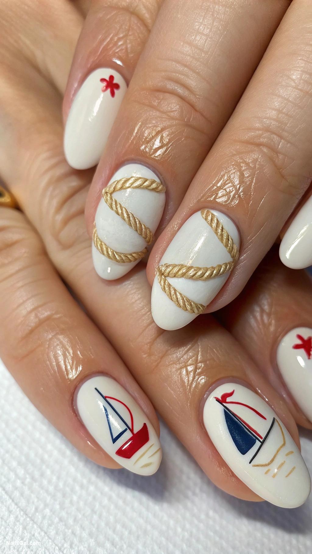 sailboat nails Cream Base with Delicate Nautical Rope and Sailboat Nail Art