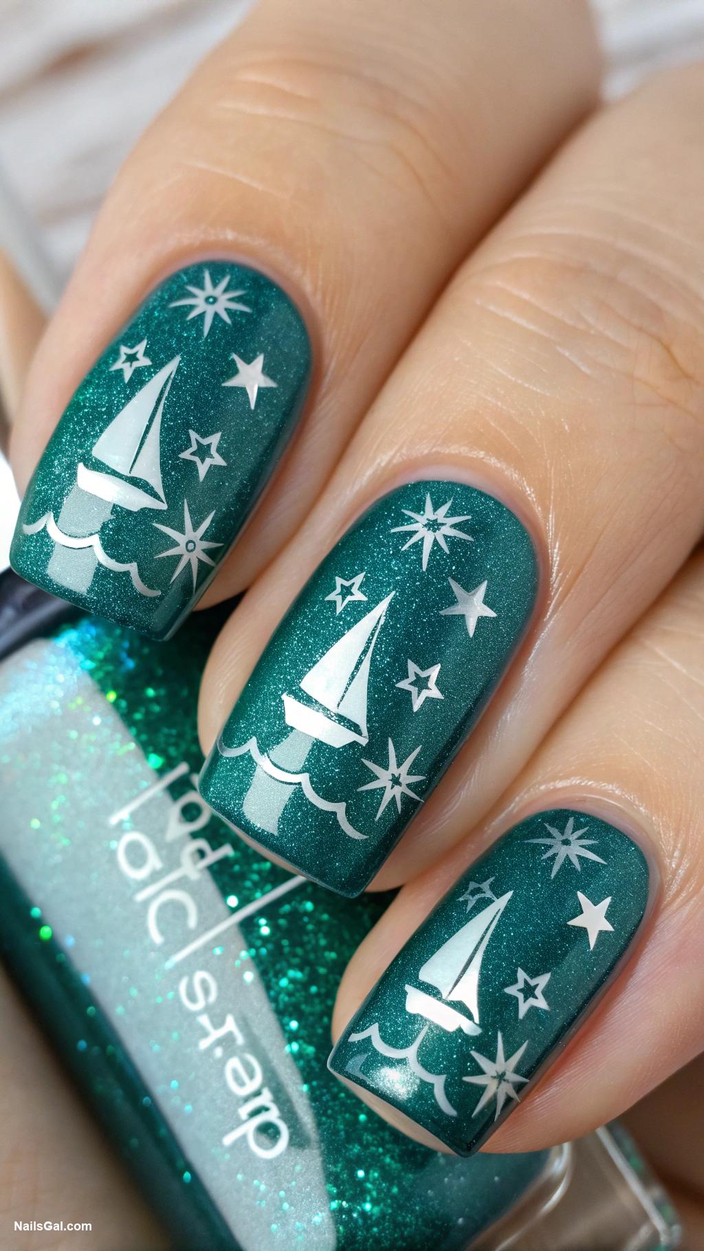 sailboat nails Deep Sea Green with Holographic Sailboat Stars