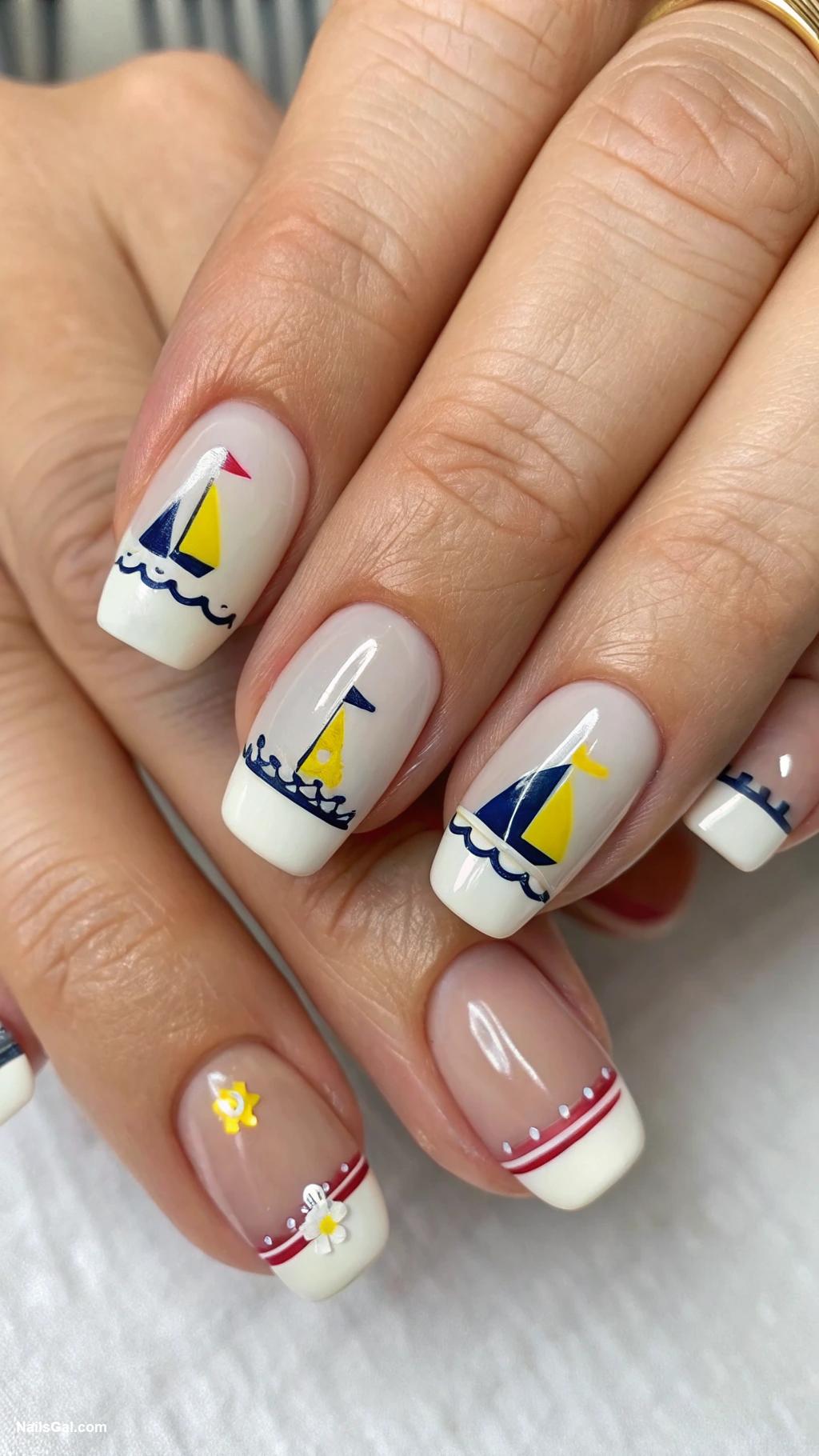 sailboat nails French Tip Style with Mini Sailboats on Accent Nails