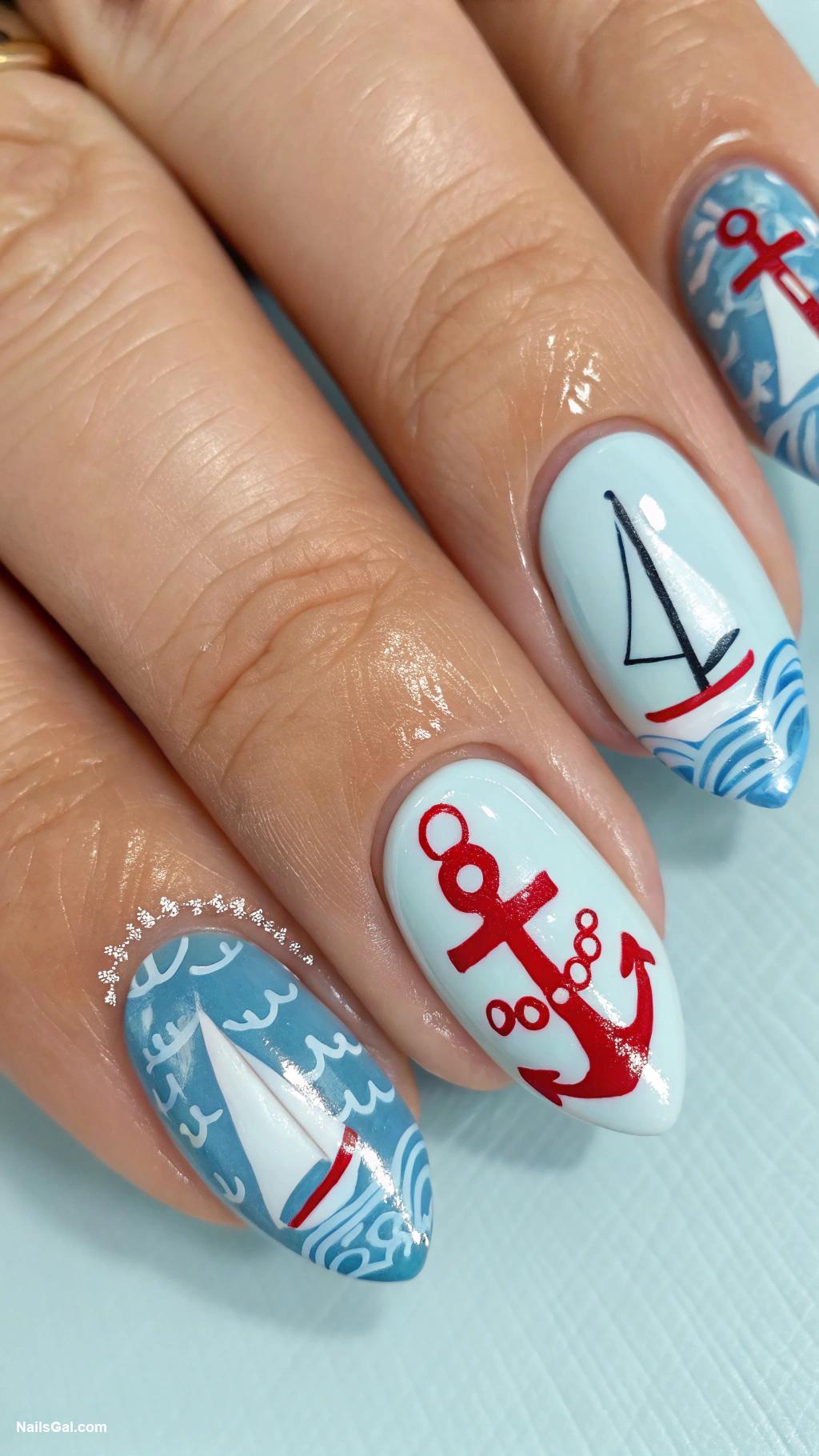 sailboat nails Light Blue Background with Red Anchor and Sailboat Art