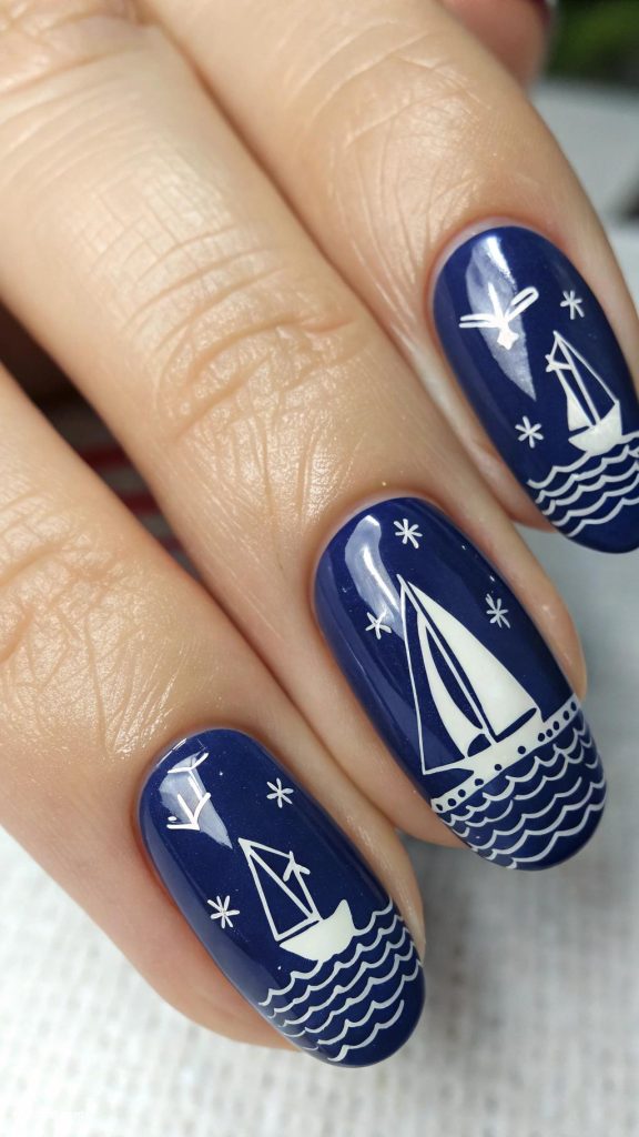 sailboat nails Navy Blue Base with White Sailboat Silhouettes