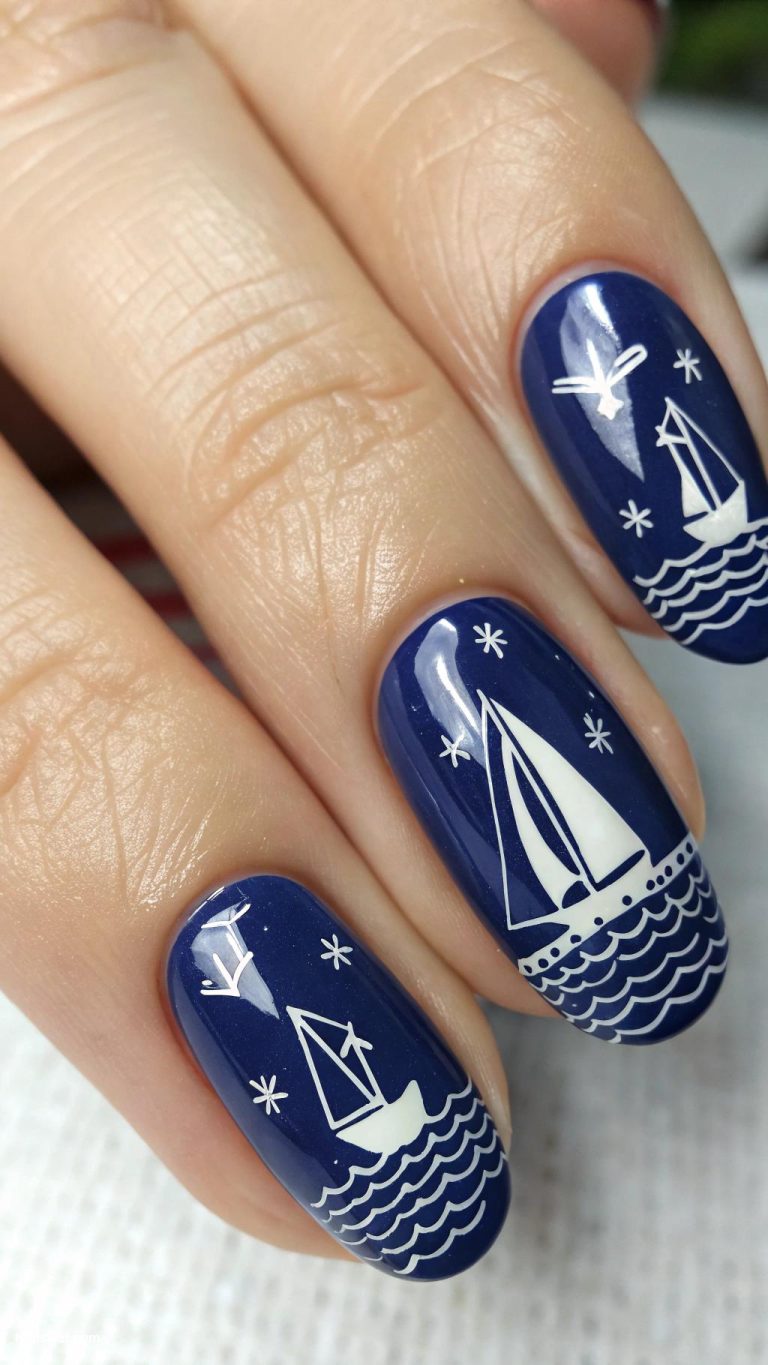 sailboat nails Navy Blue Base with White Sailboat Silhouettes