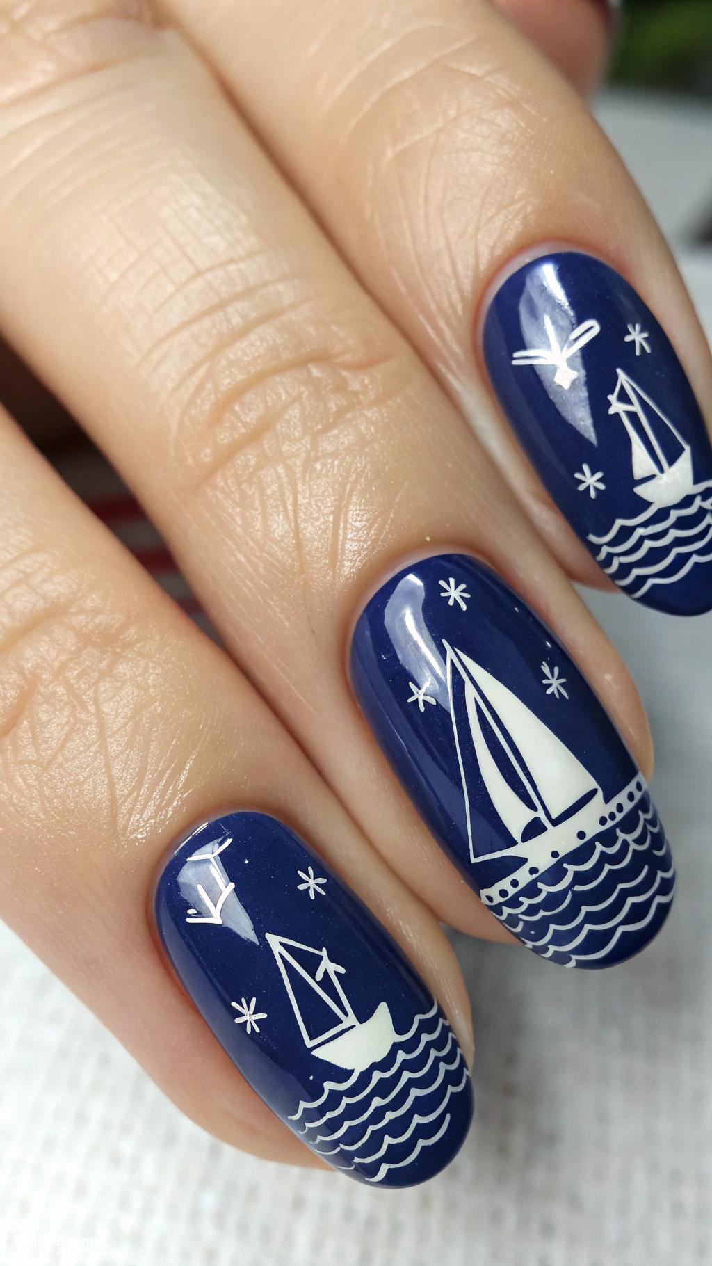 sailboat nails Navy Blue Base with White Sailboat Silhouettes