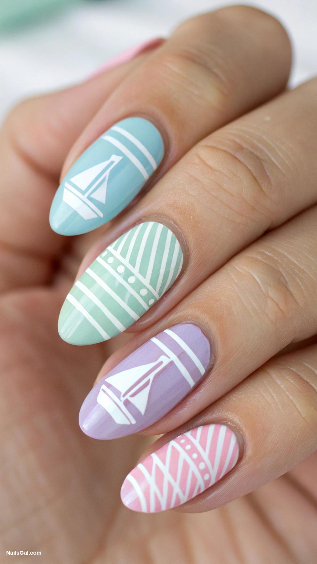 sailboat nails Pastel Stripes with Triangle Sailboat Accents