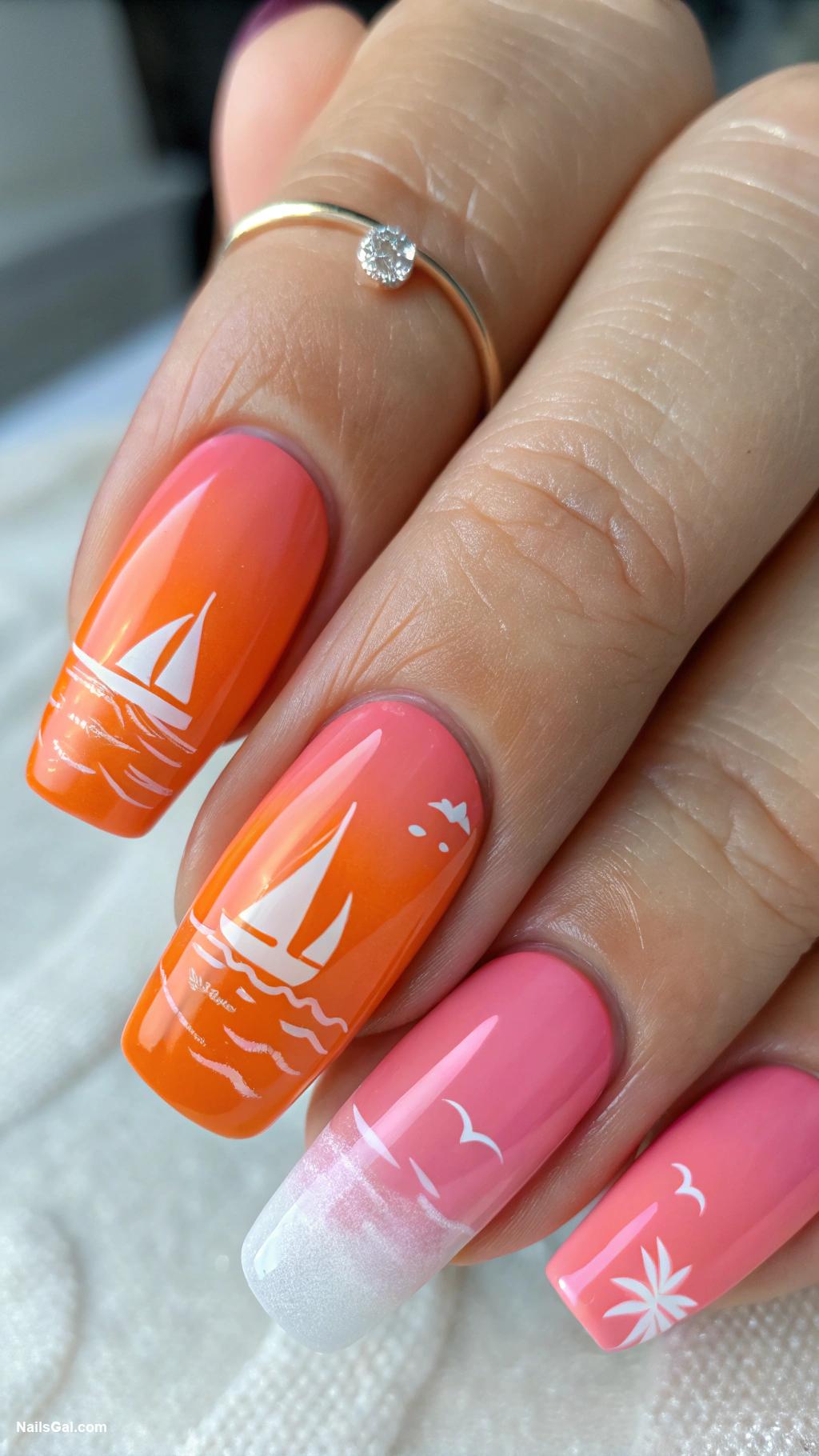 sailboat nails Sunset Gradient with a Sailing Scene on Ring Finger