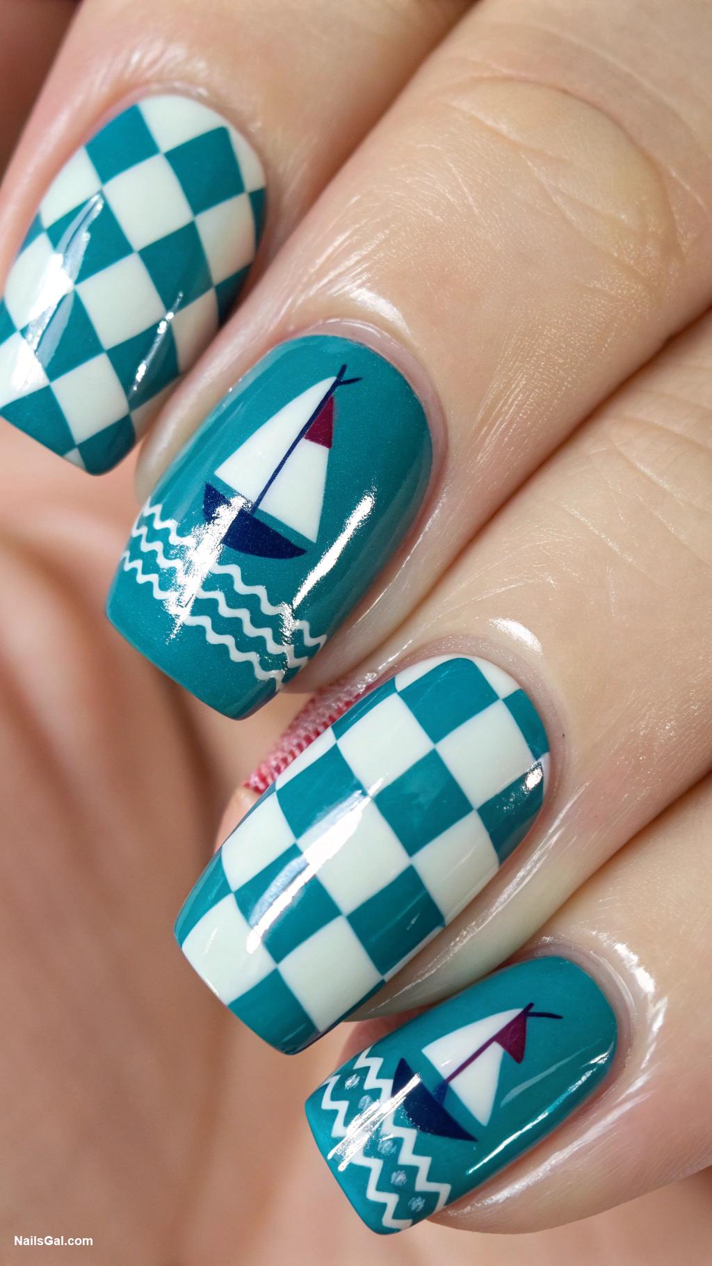 sailboat nails Teal and White Checkerboard Pattern with Micro Sailboats