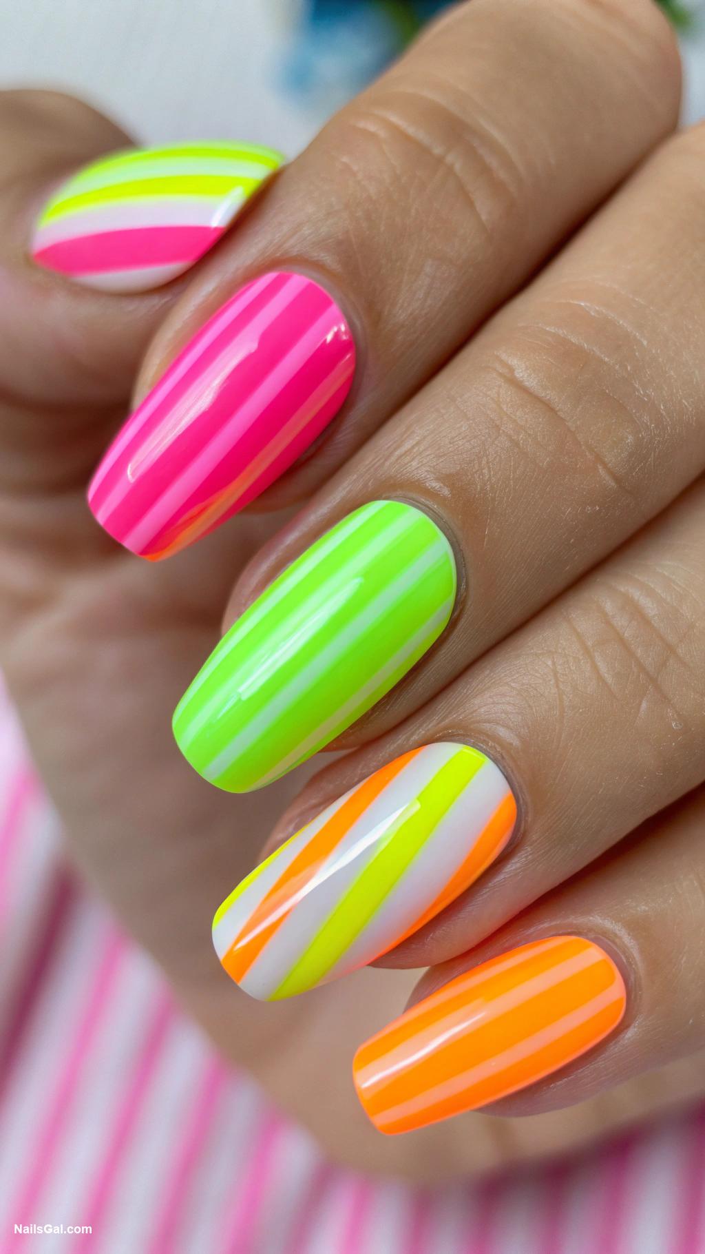 simple summer nails Bright neon stripes
