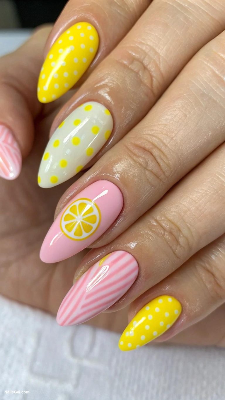 simple summer nails Lemonade inspired yellow and pink