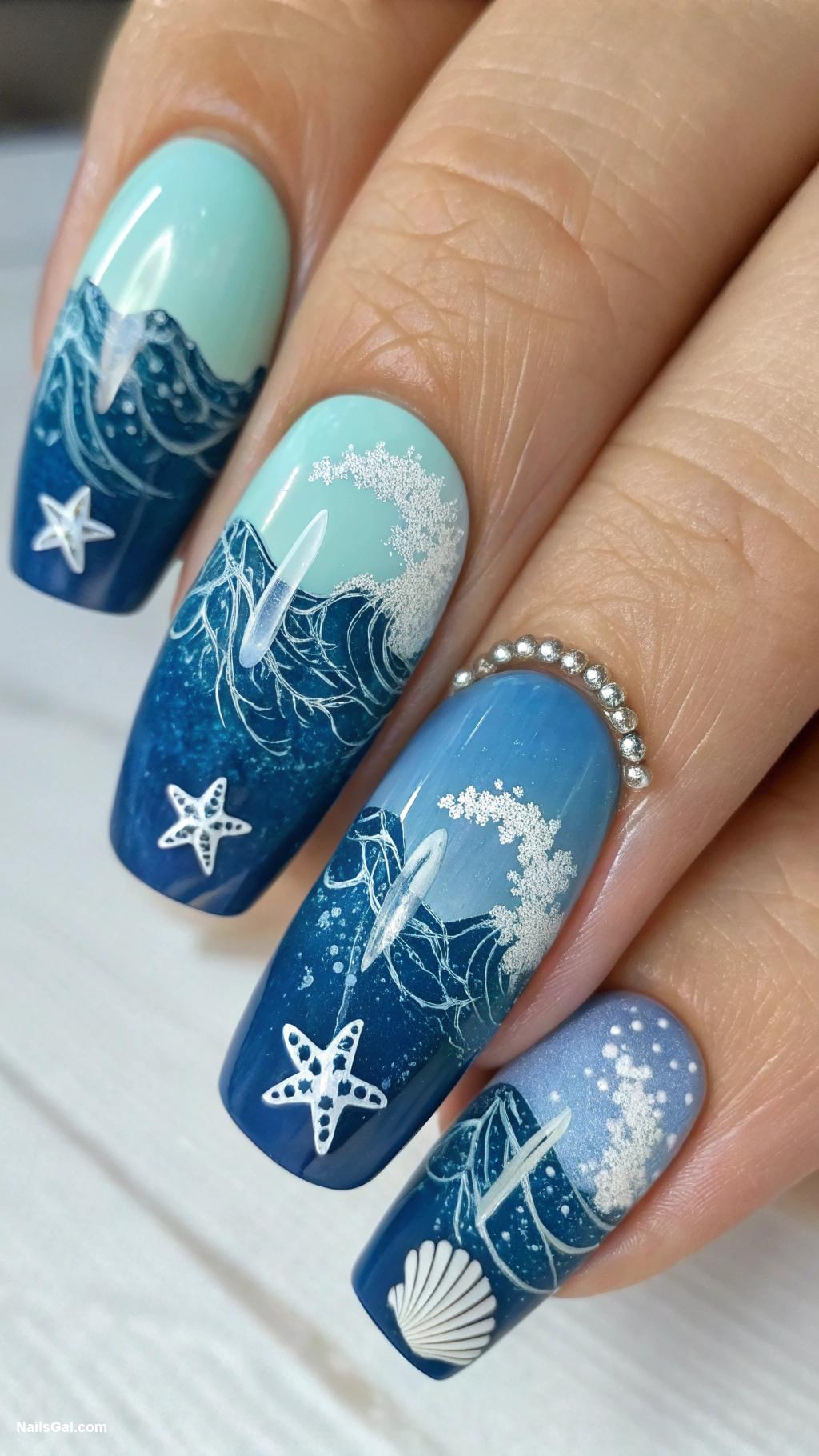 simple summer nails Ocean waves in blue shades