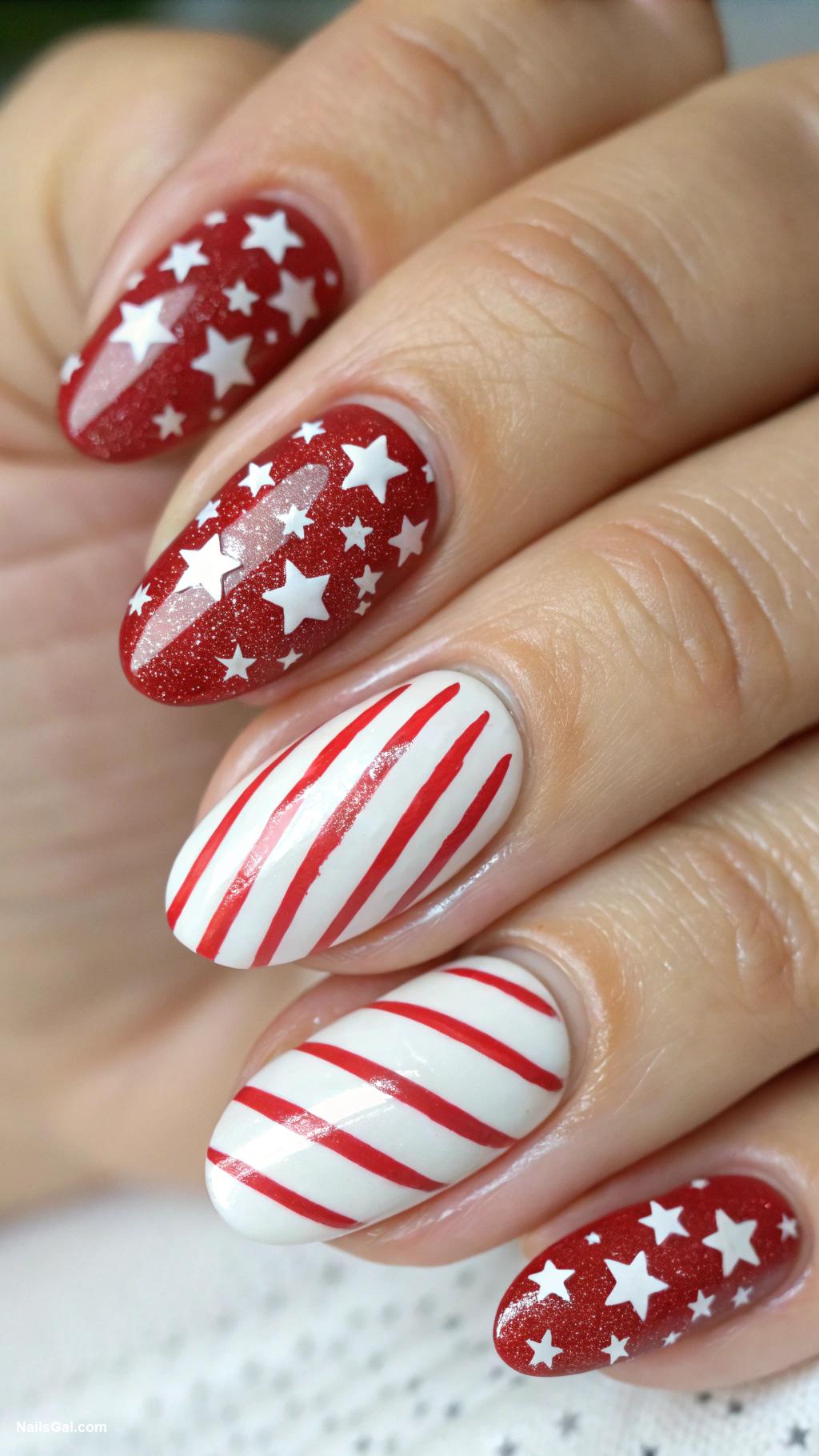 stars and stripes nails Diagonal red and white stripes