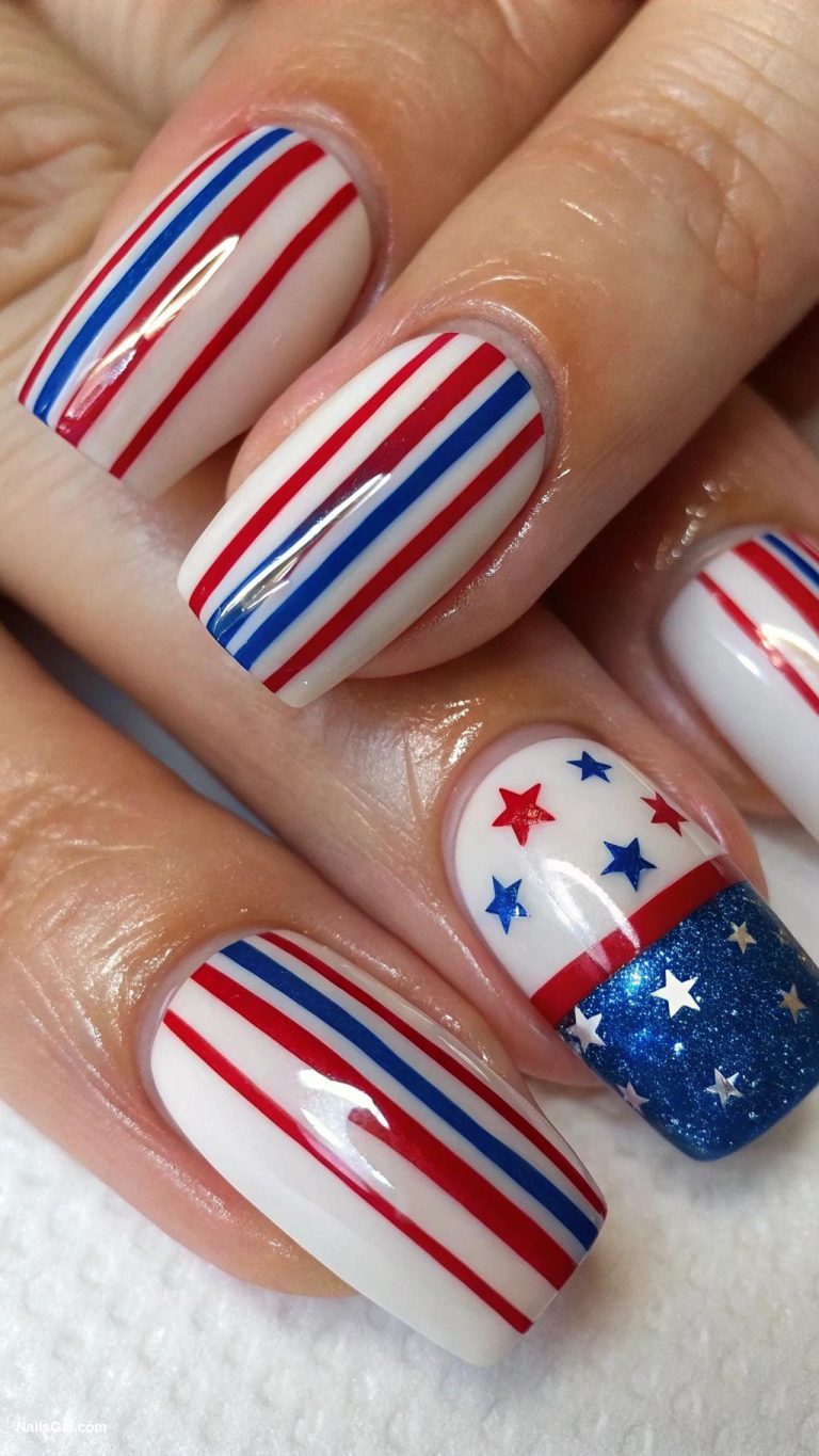 stars and stripes nails Layered stripes with a glossy top coat