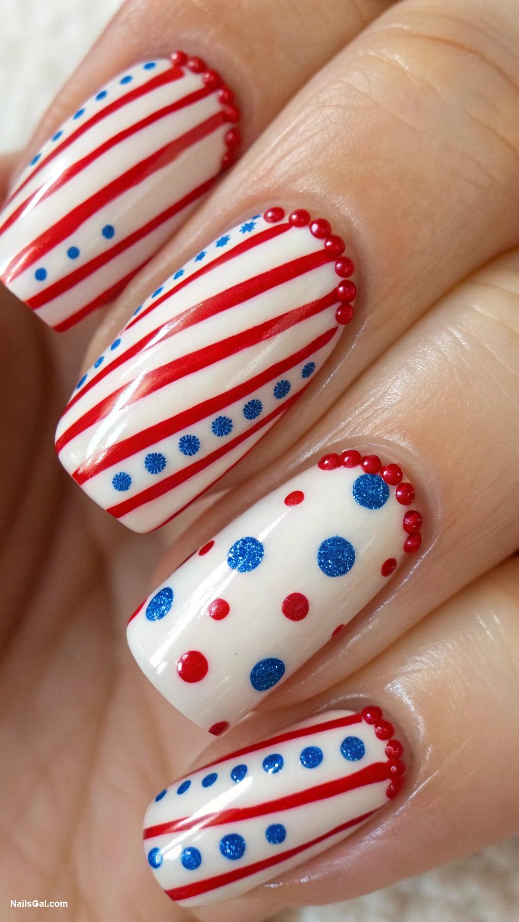 stars and stripes nails Red and white stripes with blue dots