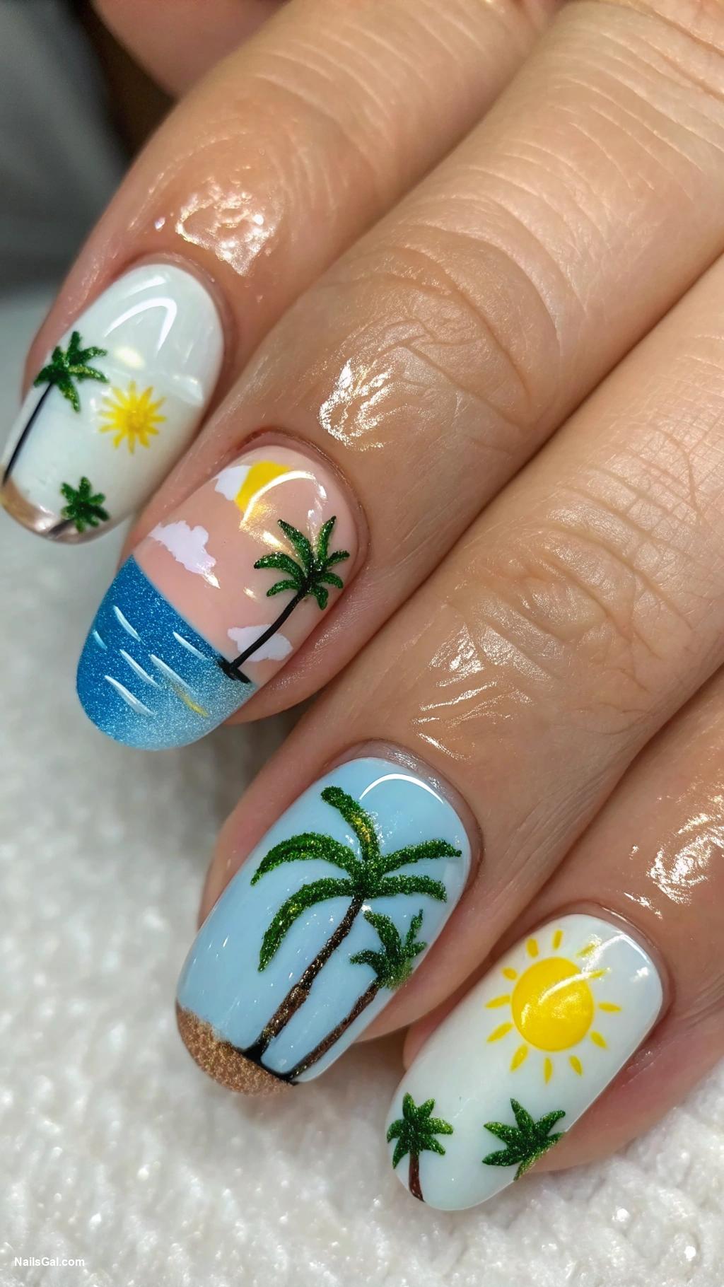summer nail ideas Beach Scene Paint a small beach scene with palm trees and sun on a nude or soft blue background