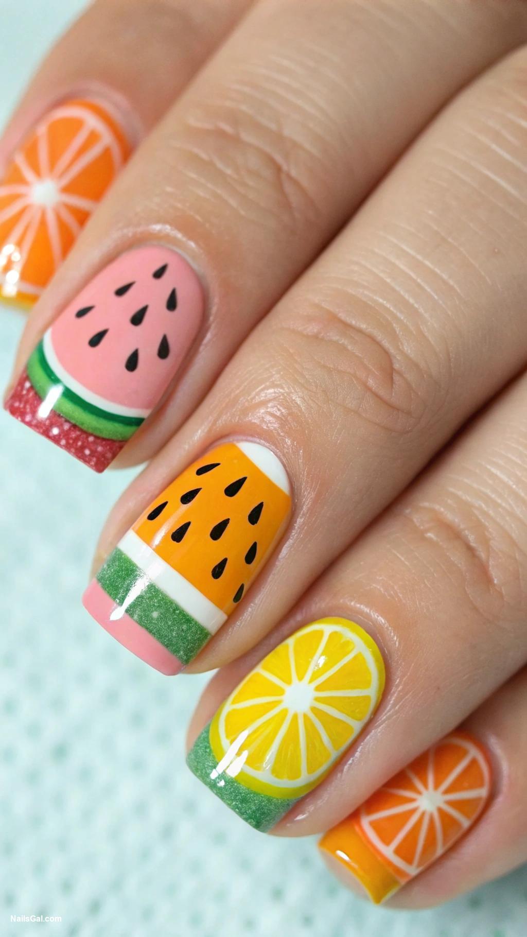 summer nail ideas Fruit Slice Design Create designs resembling watermelon oranges or lemons on a light pastel background
