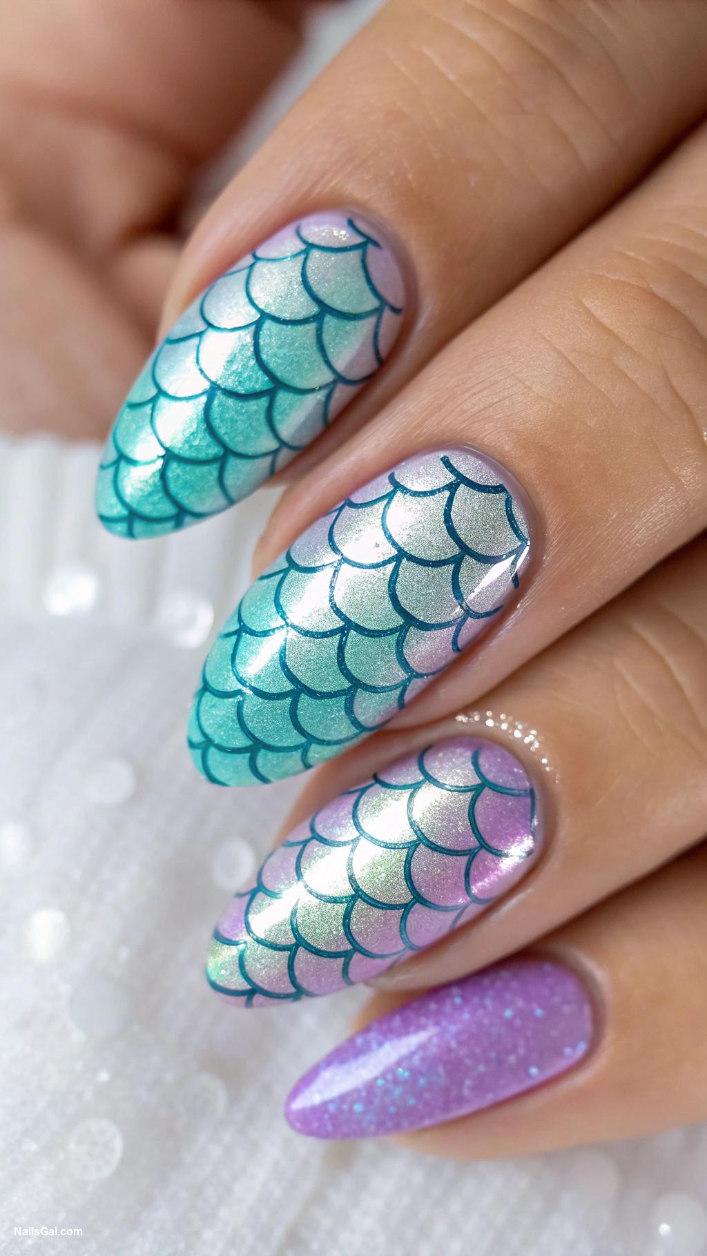 summer nail ideas Mermaid Scales Create a holographic or glittery finish with scale patterns in shades of teal and purple