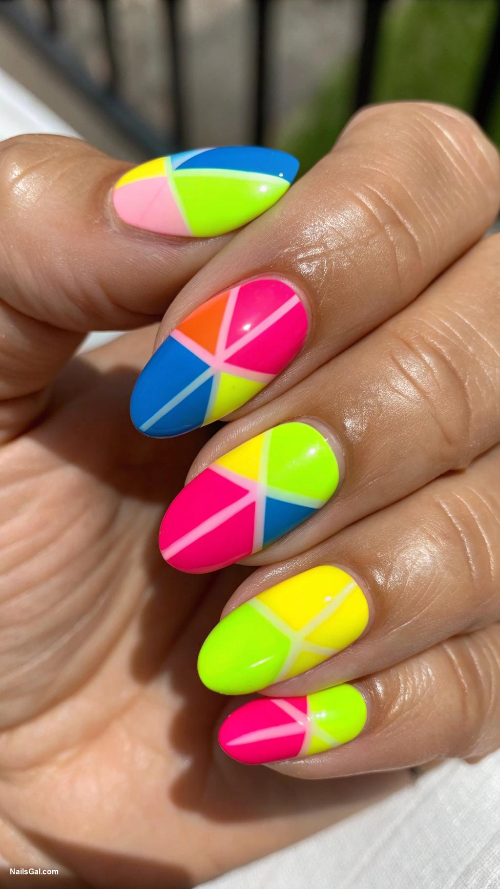 summer nail ideas Neon Color Block Use bright neon colors for a bold geometric color block design