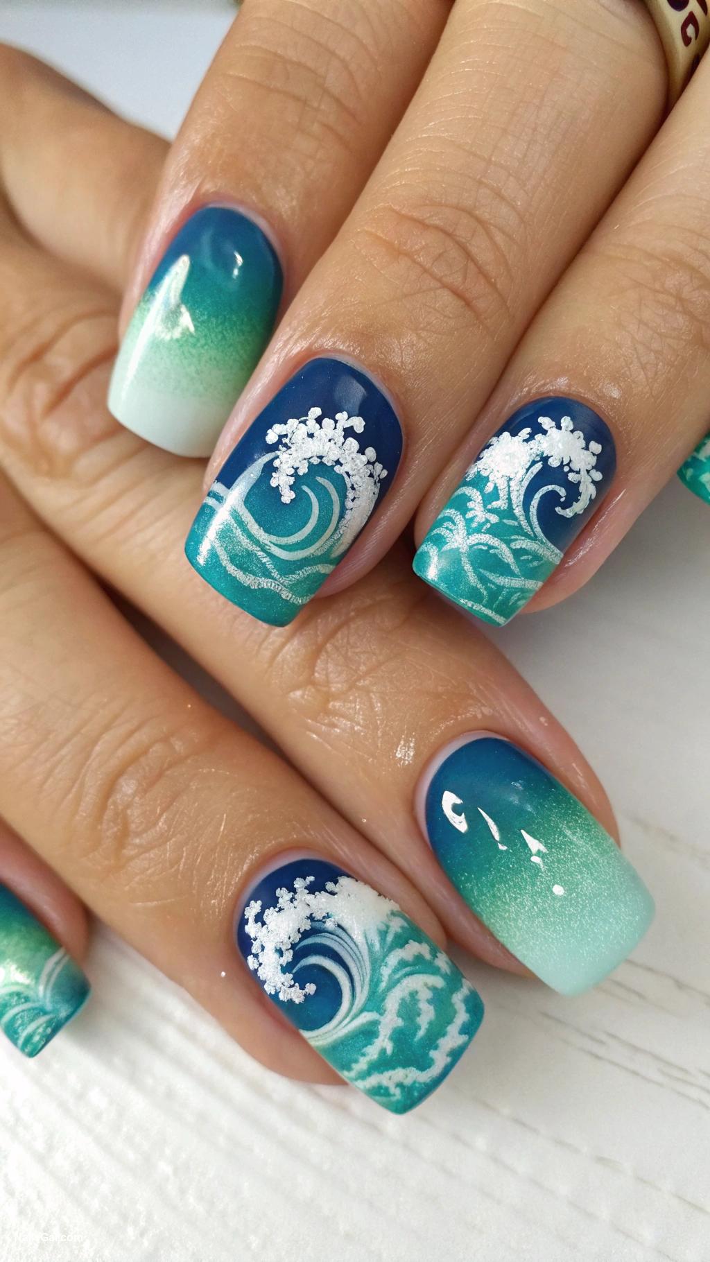 summer nail ideas Ocean Wave Nail Art Use blues and greens with white foamy tips to mimic the look of ocean waves
