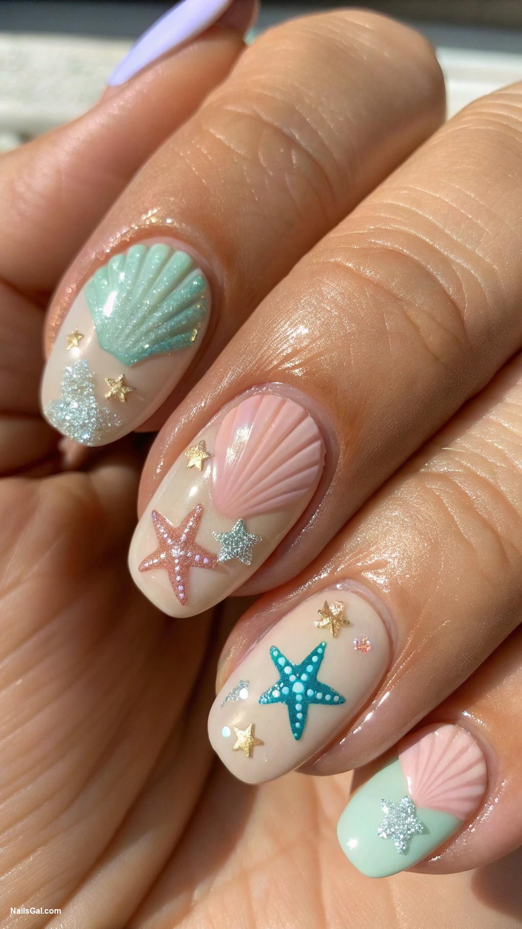 summer nail ideas Pastel Seashells Use soft pastel shades to create delicate seashells and starfish on a sandy beige base