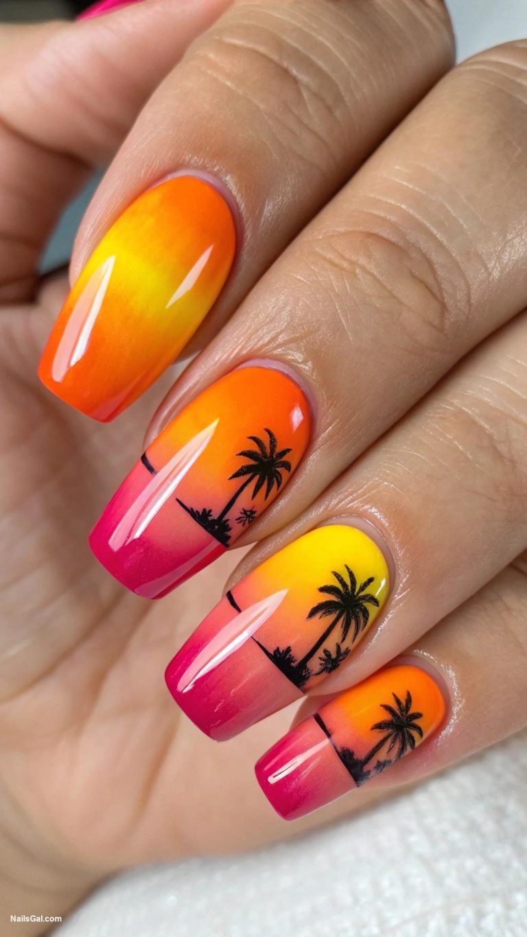 summer nail ideas Tropical Sunset Gradient Blend vibrant shades of orange pink and yellow for a sunset effect topped with a glossy finish