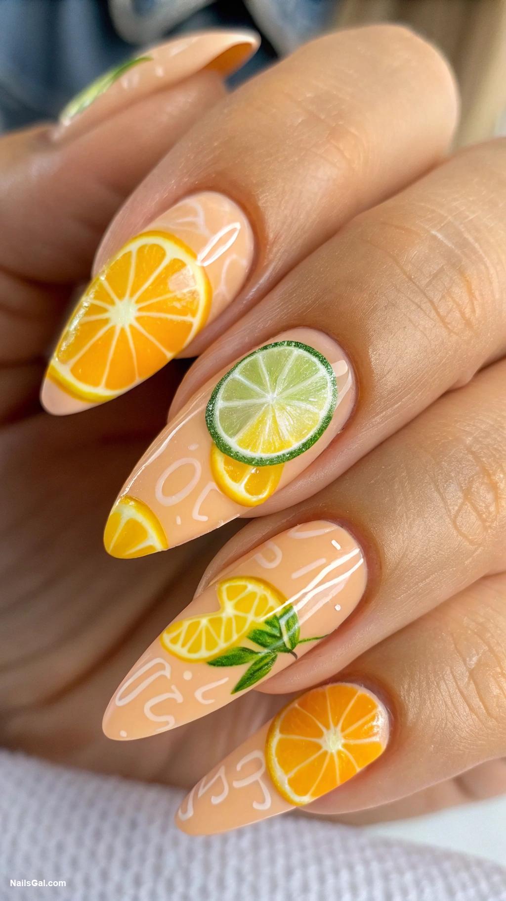 summer nails almond shape Citrus Squeeze Light orange with hints of lemon and lime slice decals