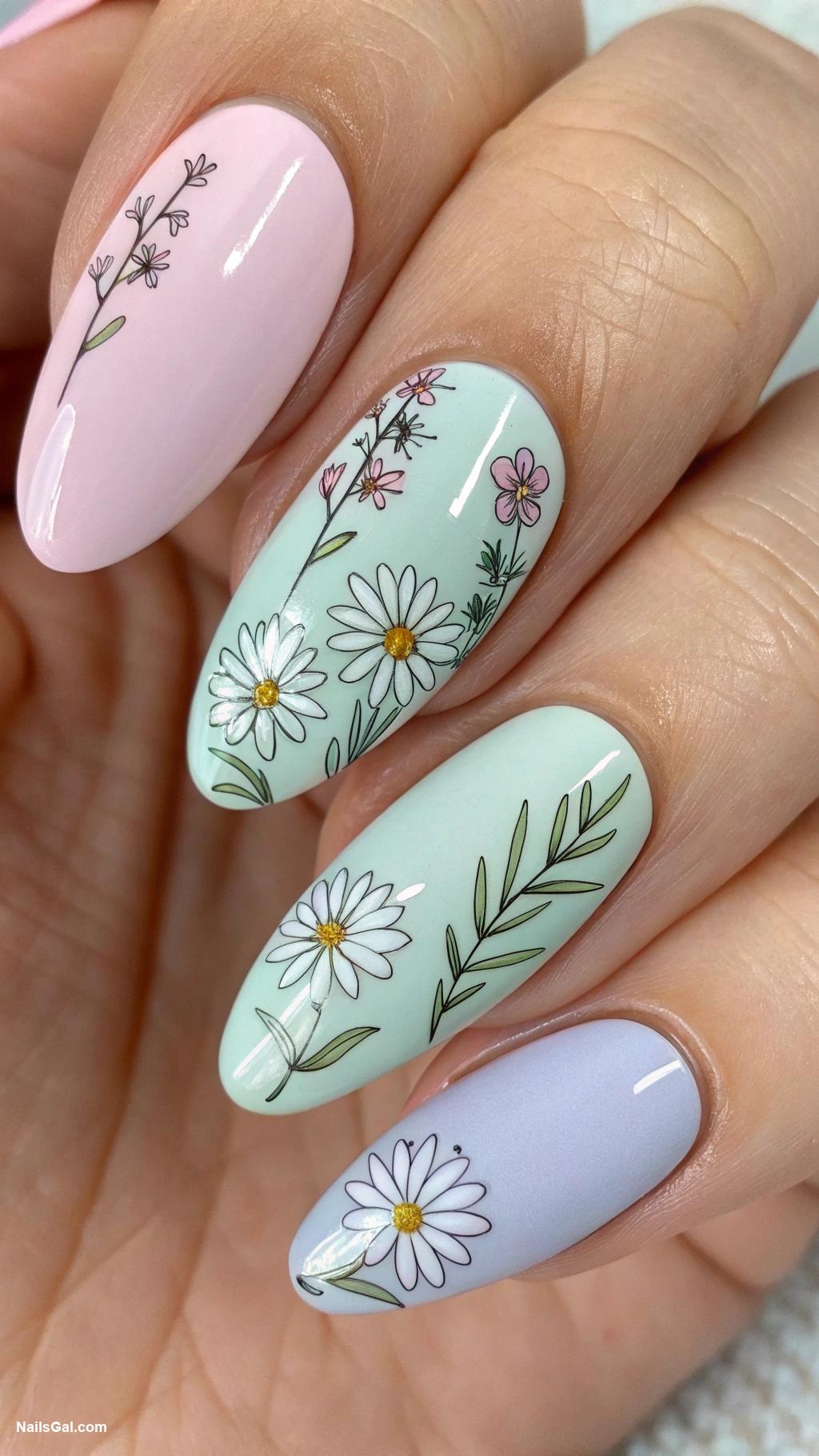 summer nails almond shape Floral Delight Soft pastel colors with hand painted flowers in various shades