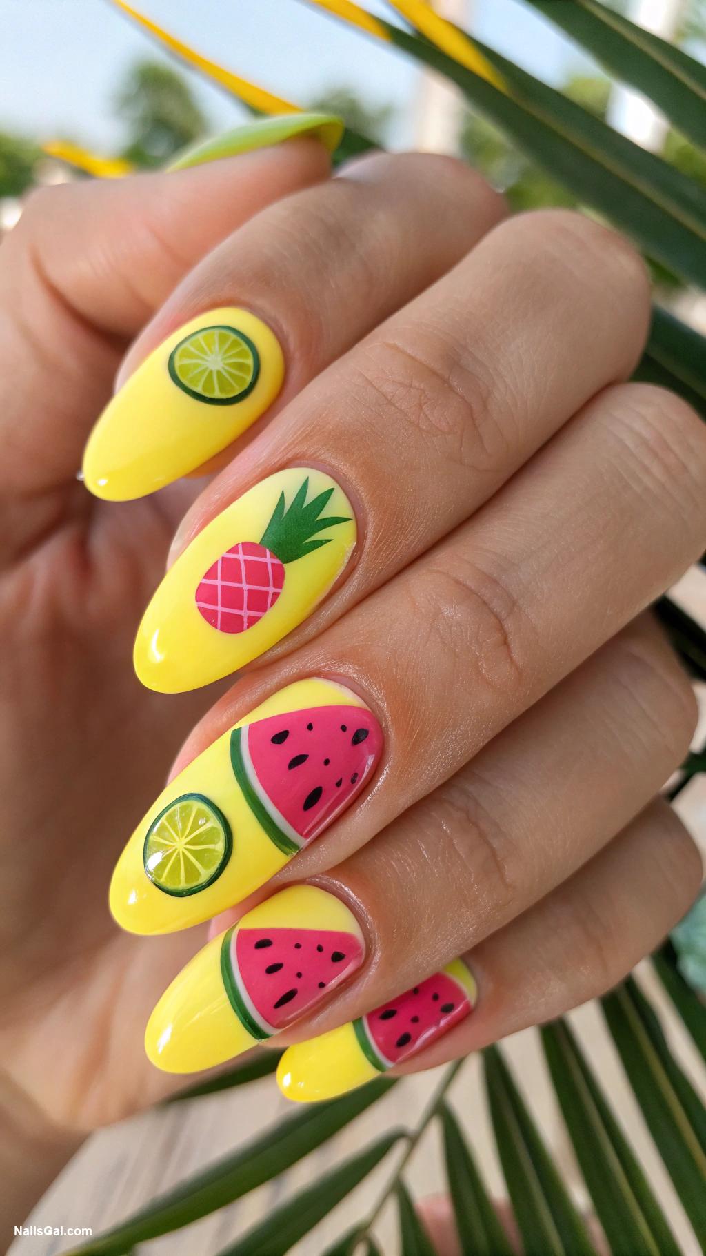 summer nails almond shape Fruity Fun Bright yellow with cute watermelon slices and lime accents