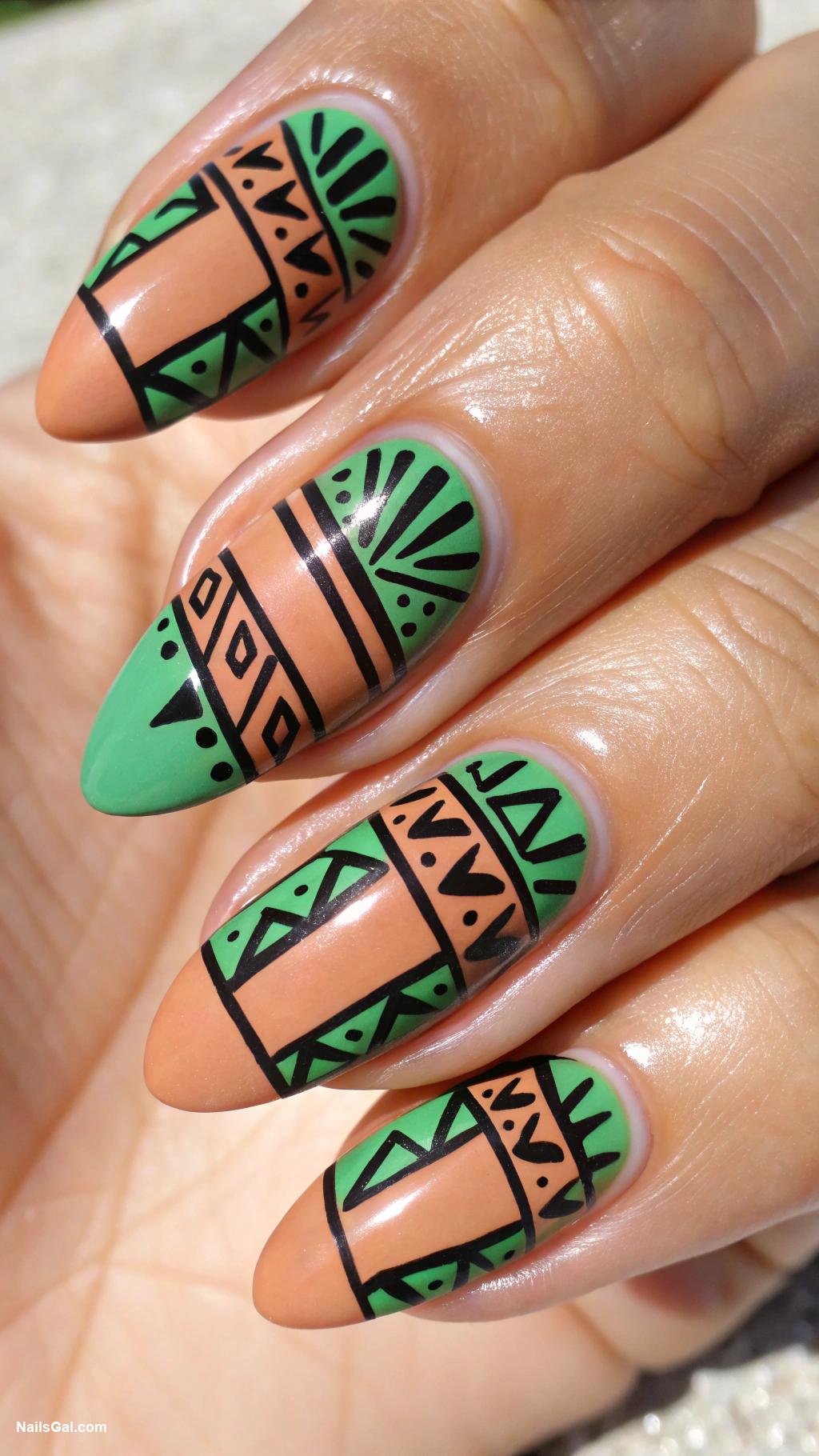 summer nails almond shape Geometric Jungle Terracotta base with bold geometric shapes in green and black