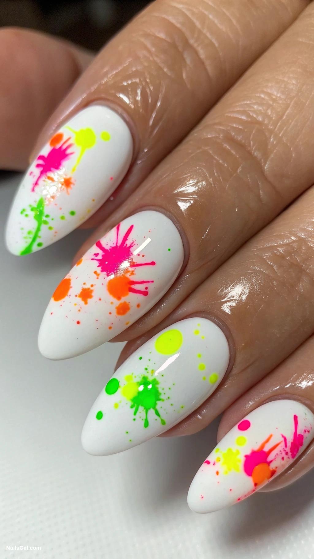 summer nails almond shape Neon Splash White base with neon splatter patterns for a fun pop of color