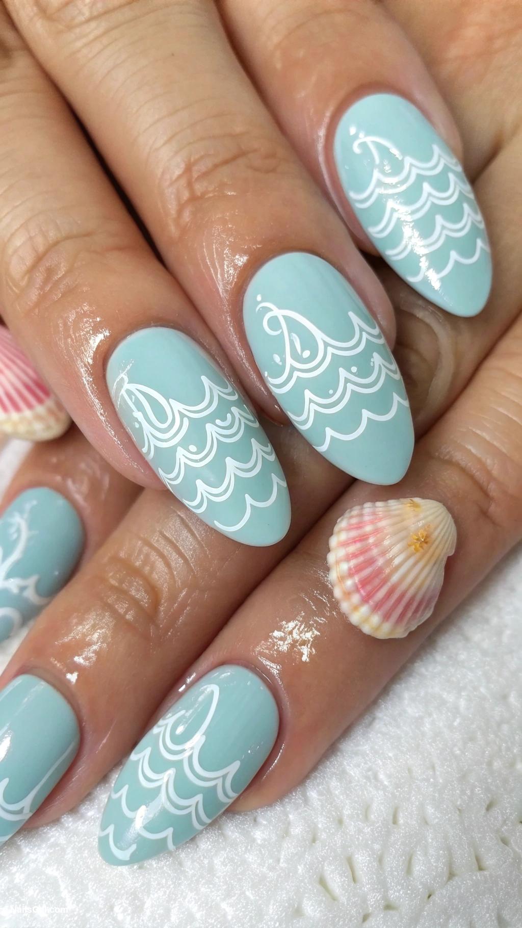summer nails almond shape Ocean Waves Light blue base with white wave patterns and tiny seashells