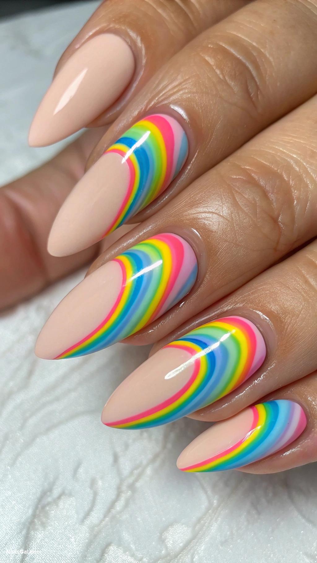 summer nails almond shape Rainbow Swirl Multicolored swirls over a nude base encapsulated in topcoat