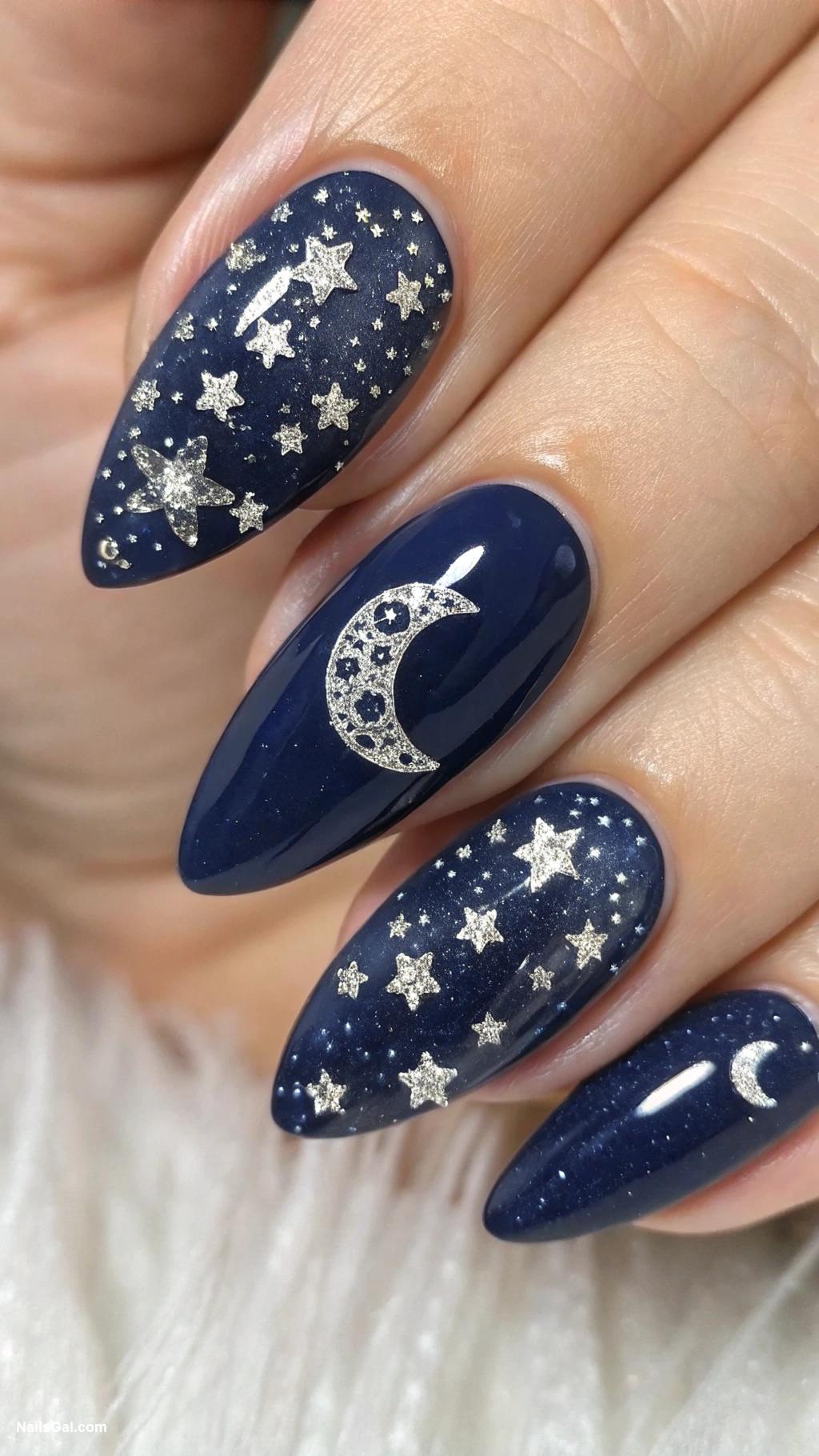 summer nails almond shape Starry Nights Deep navy blue with silver stars and a crescent moon