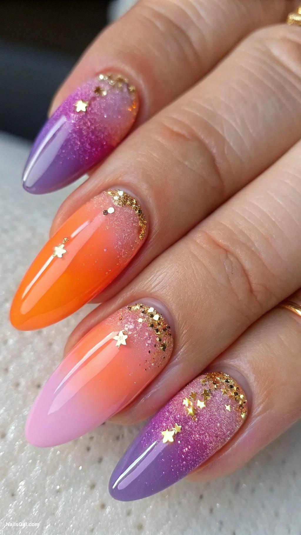 summer nails almond shape Sunset Ombre A gradient of orange pink and purple with gold glitter tips