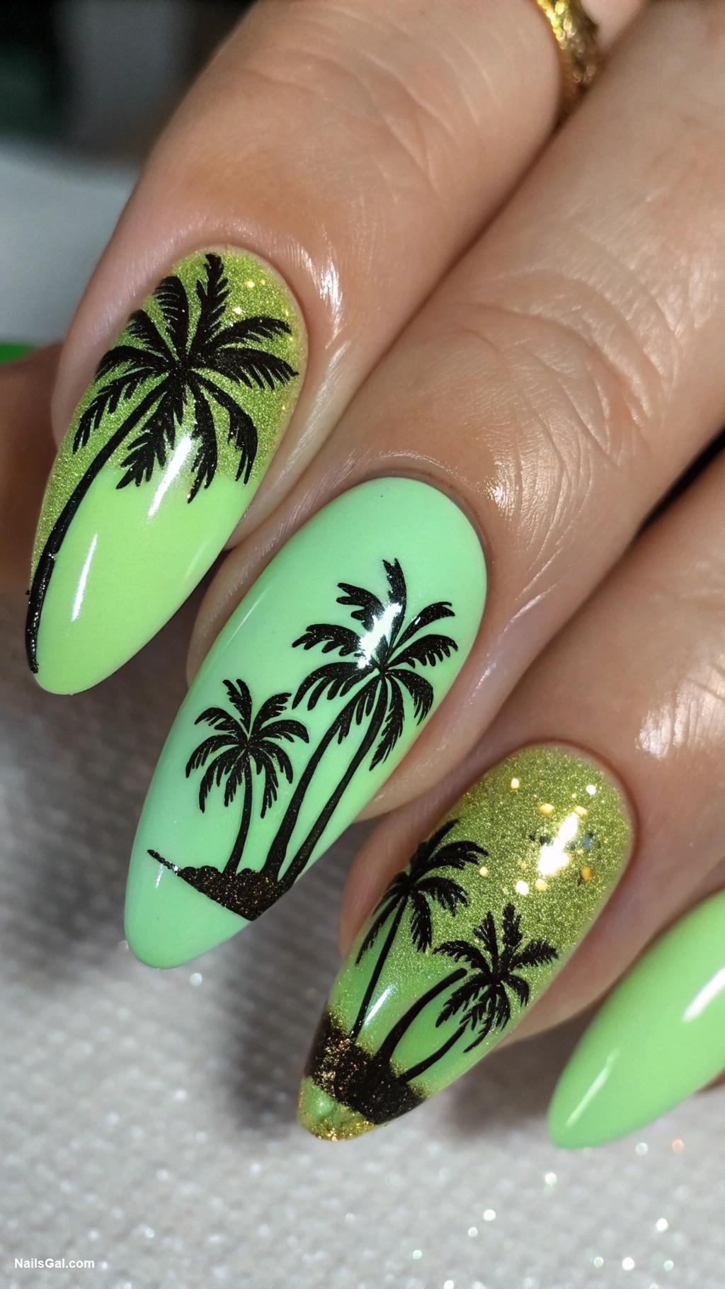 summer nails almond shape Tropical Paradise Bright green base with palm tree designs in black and gold
