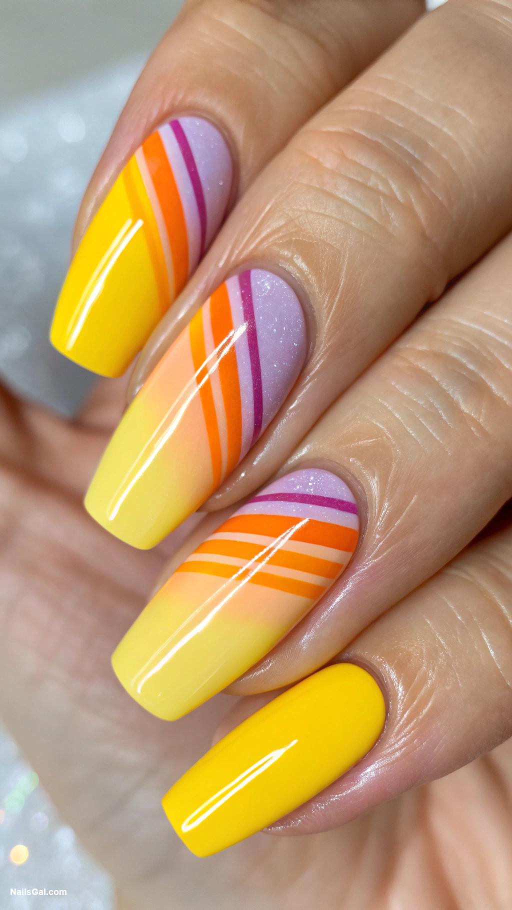 sunset aura nails Bright yellow with sunset stripes