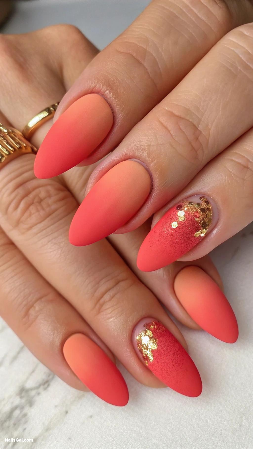 sunset aura nails Coral red with matte top coat