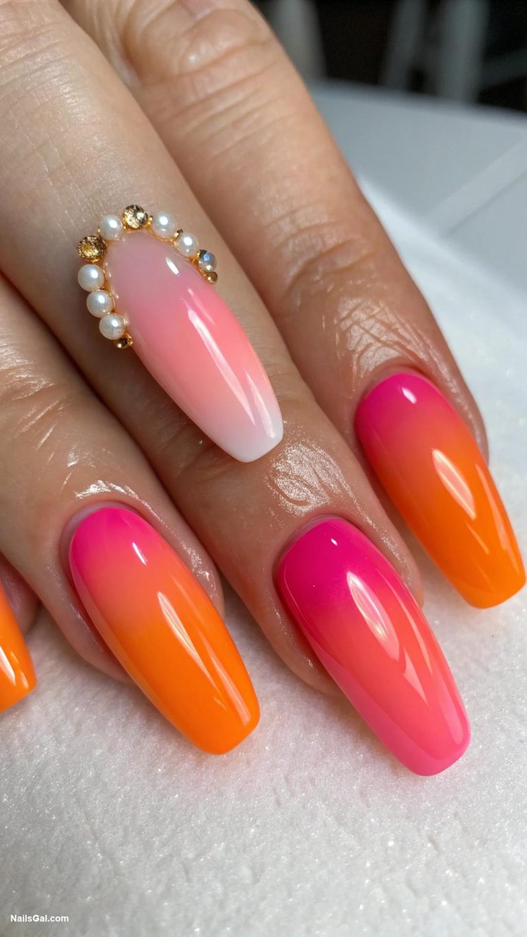 sunset aura nails Gradient orange to pink colors