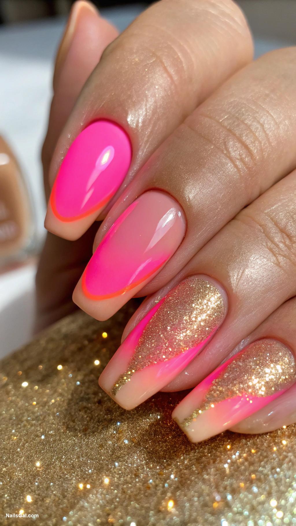 sunset aura nails Neon pink tips with golden base
